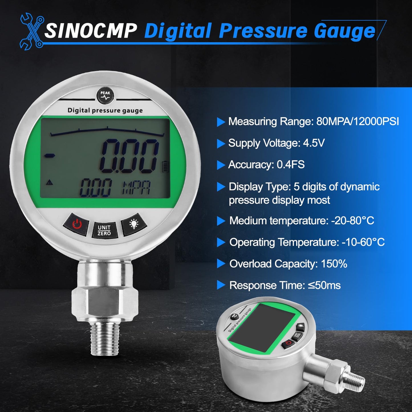 SINOCMP Digital Pressure Gauge Kit with 2 80MPA/12000PSI Pressure Gauges 3 Test Hoses and 12 Couplings Hydraulic Gas Water Pressure Test Kit with Backlight, 1 Year Warranty