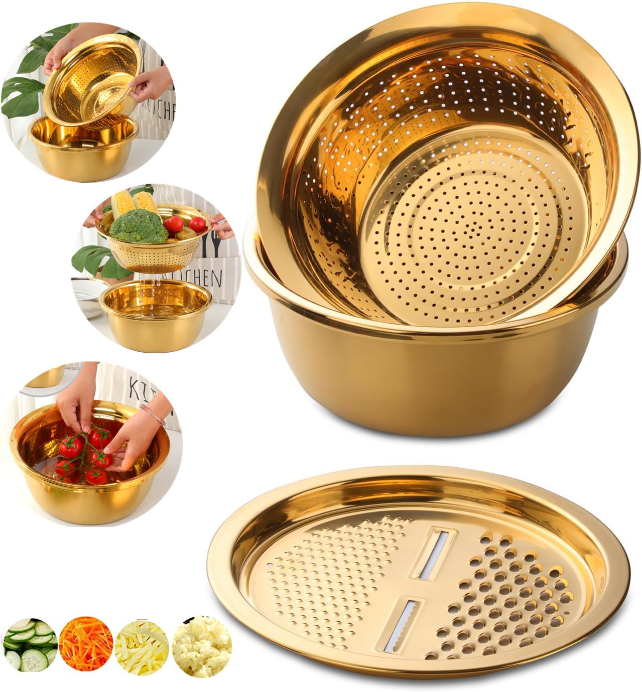 QOBIMOON 3PC/Set Colander set Stainless Steel Vegetable Slicer Fruit Potato Peeler Carrot Grater Strainer Utensil Round Rice Washer Bowl Drain Basket-Gold