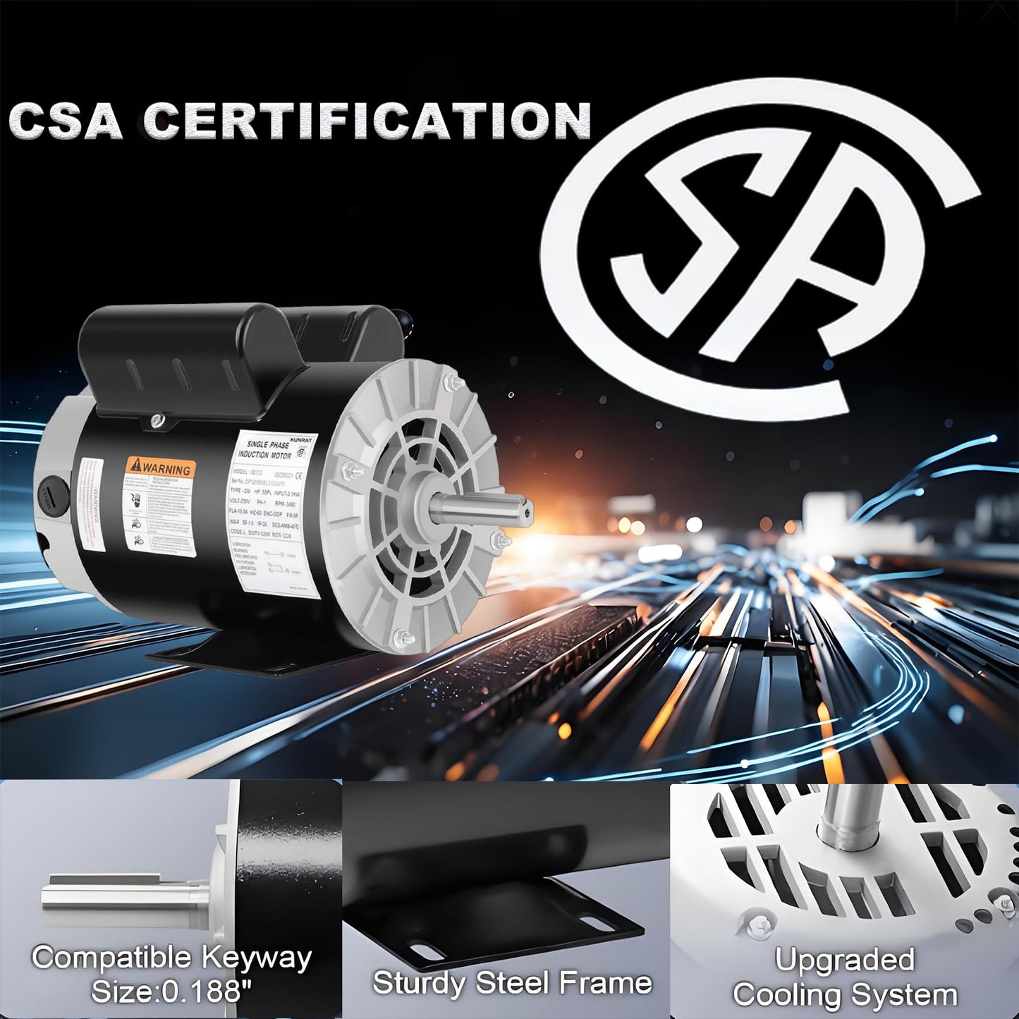 Kunray Air Compressor Motor, 3HP SPL Electric Motor, 56 Frame 3450 RPM,115/230V,18/9Amps Single Phase Motor, 5/8" Keyed Shaft, 1.88" Shaft Length 60 HZ,CCW Rotation