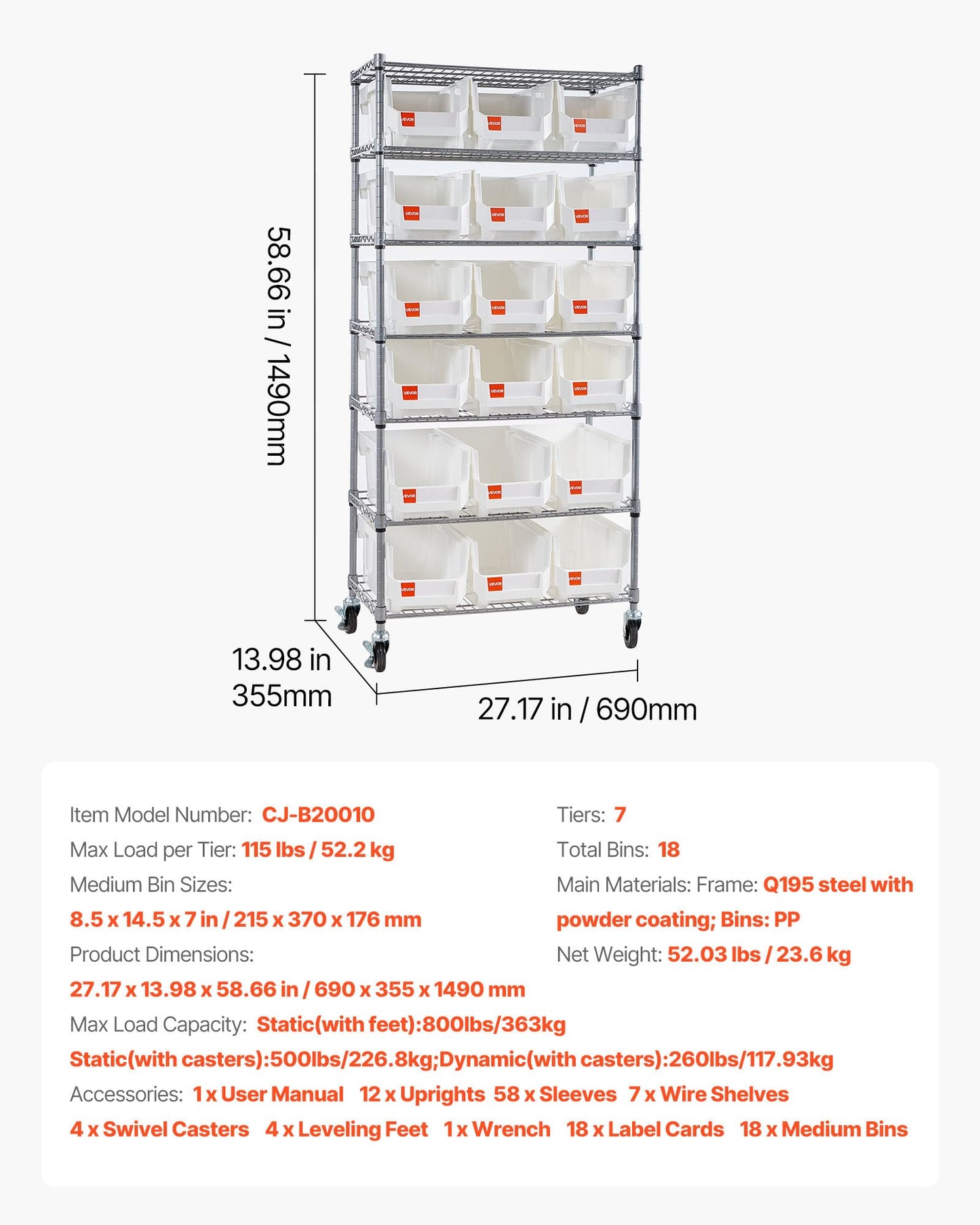 VEVOR 7-Tier Rolling Bin Storage Rack, 18 Organizer Bins, Bin Rack Storage Steel Wire Shelving System with Wheels, Mobile Tool Organizer for Garage, Warehouse, Office, Restaurant, Classroom, Kitchen