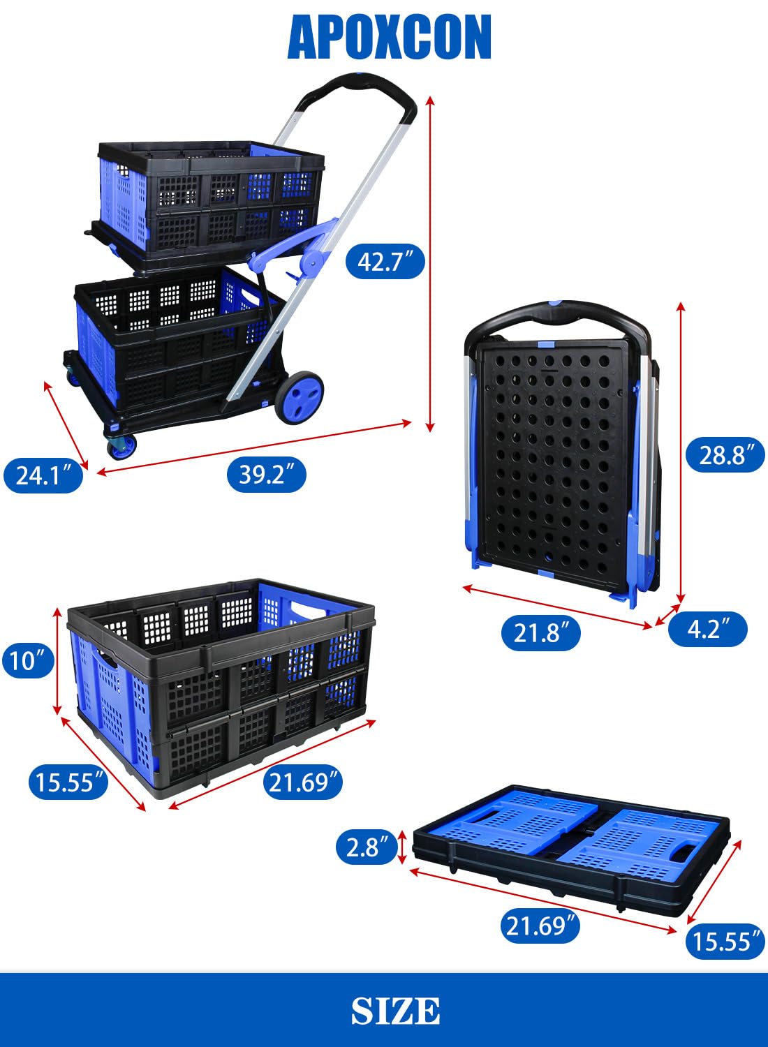 APOXCON Shopping Cart with 2 Storage Crates, Multi Use Two Tier Collapsible Cart with 360° Rolling Swivel Wheels Heavy Duty Folding Trolley for Shopping, Picnic and Office