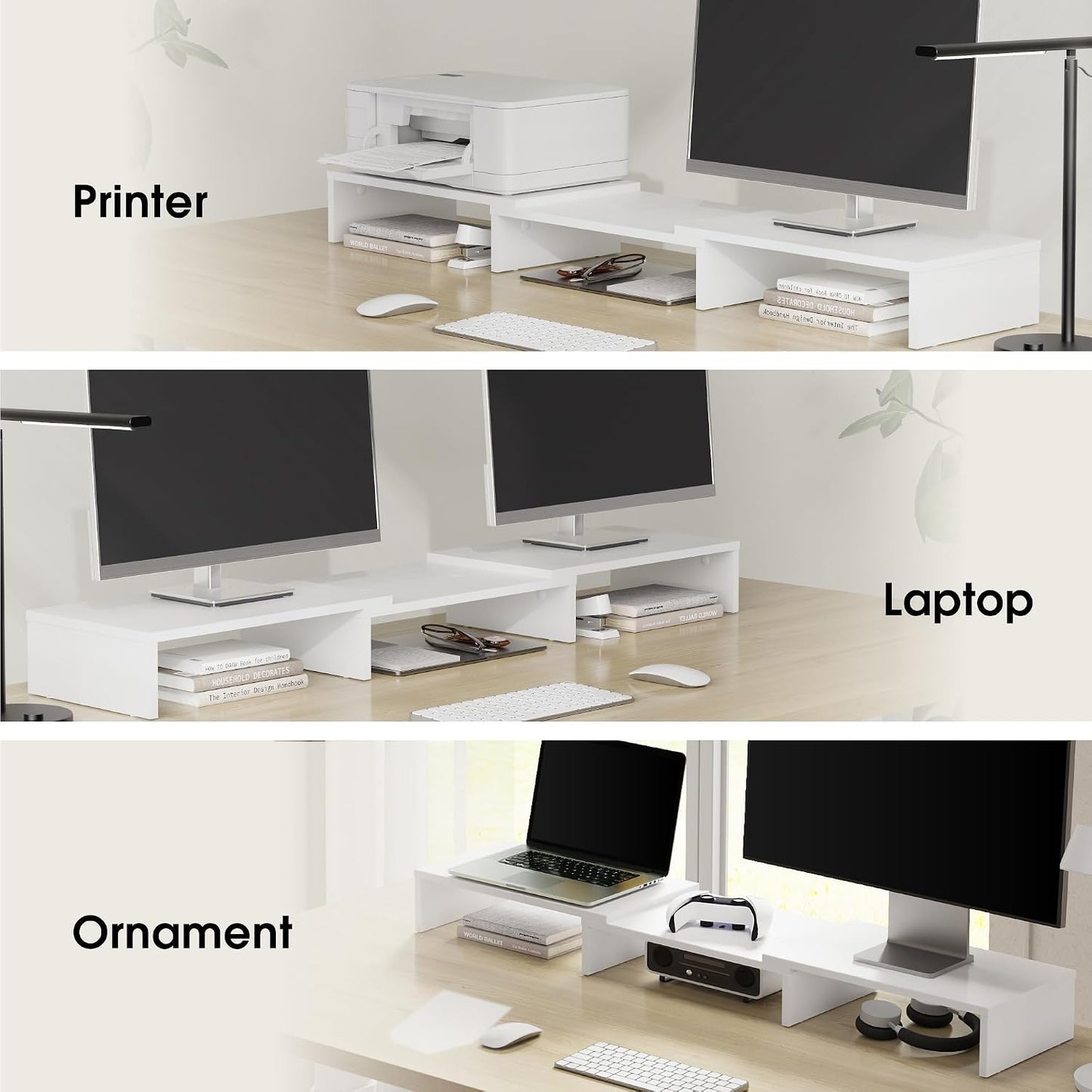 3 DT108008WW FITUEYES Dual Monitor Stand Shelf Computer Monitor Riser, Wood Desktop Stand with Adjustable Length