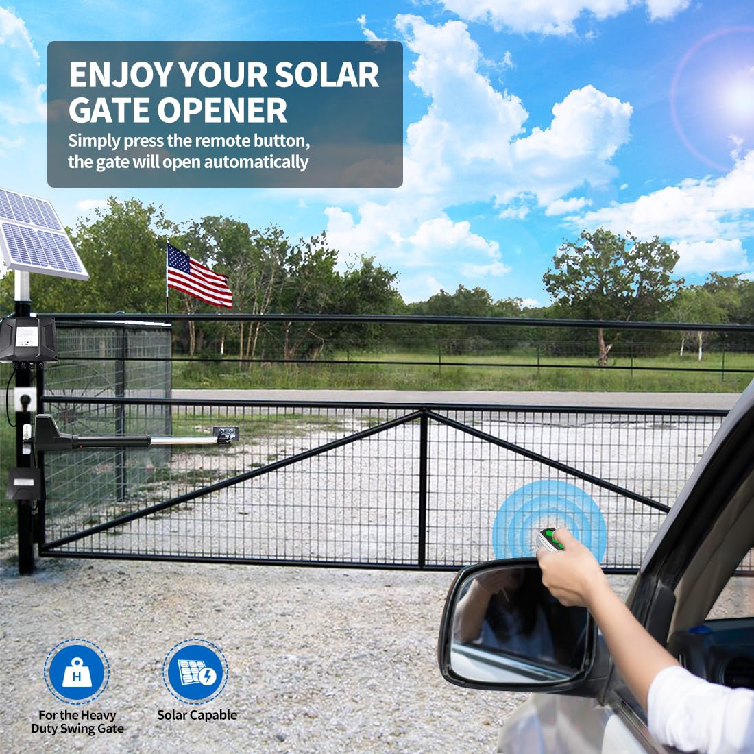 TOPENS AT12131S Solar Single Swing Gate Opener Heavy Duty Automatic Gate Motor for Single Swing Gates Up to 18ft, Electric Driveway Gate Operator AC Powered with Solar Panel Remote Control Kit