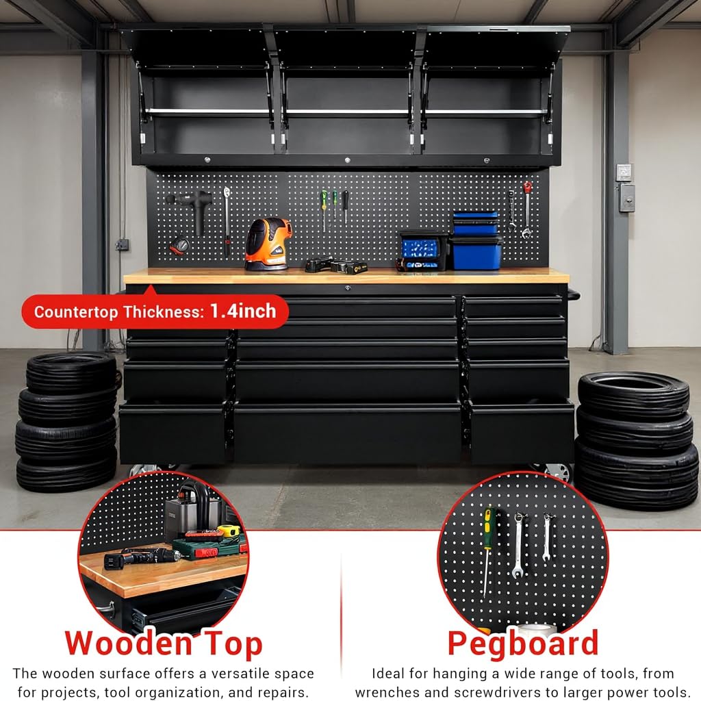 MERXENG 72-inch Rolling Tool Chest Cabinet Garage Workbench with 15 Storage Drawers and Wheels, 3 Upper Cabinet, Pegboard, Steel Large Tool Box for Garage Workshop, Matte Black