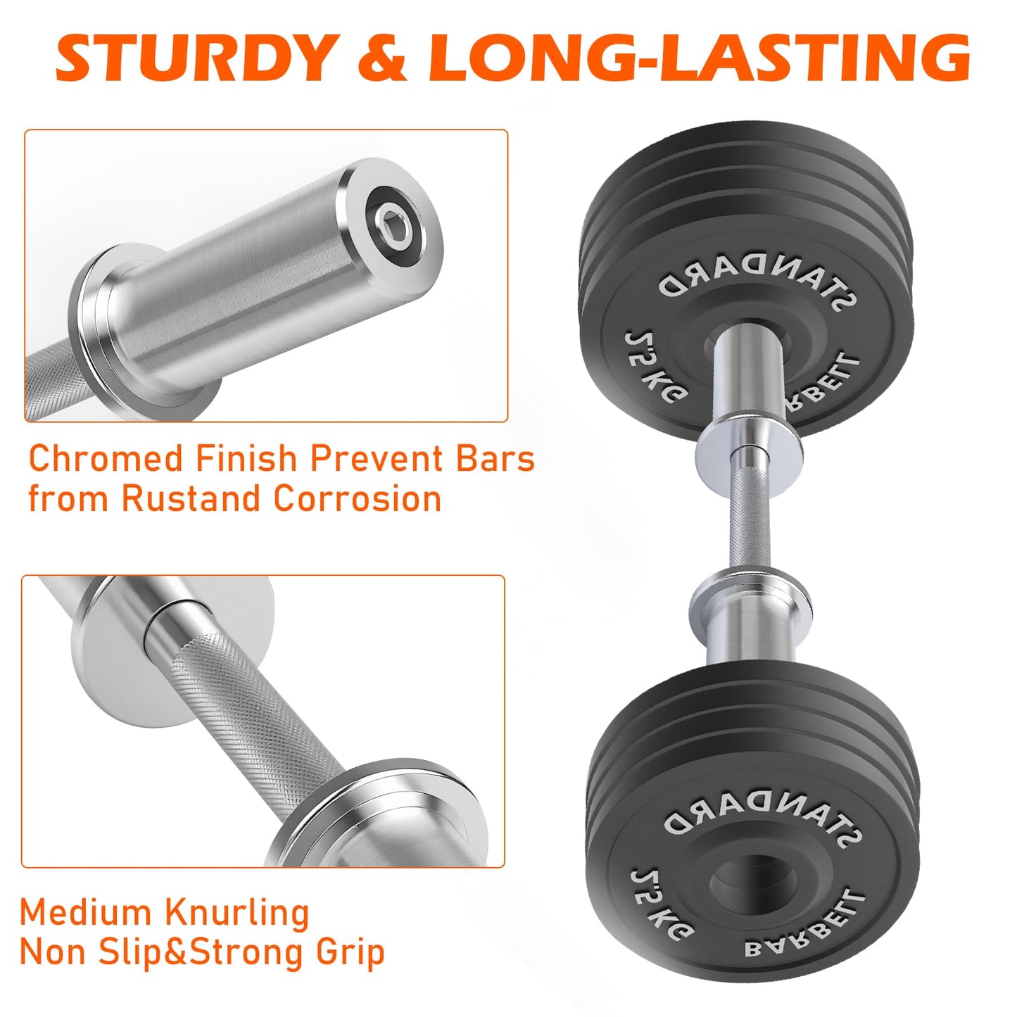 Pair of 16" Olympic Dumbbell Handles – Loadable Dumbbell Bars for 2" Olympic Weight Plates (150LBS Weight Capacity), Ideal for Home Gym Strength Training – Includes 2 Pairs of Spring Collars (Silver)