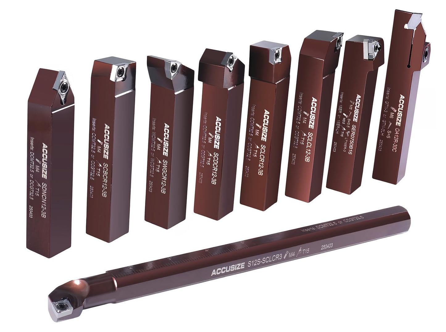 Accusize Industrial Tools 3/4" Shank 9‑Piece Indexable Turning & Boring Tool Set, Uncoated Sharp‑Edge Inserts for Aluminum, 3988-0034