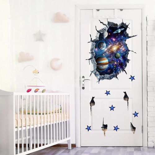 Mfault Outer Space 3D Broken Wall Decals Stickers, Universe Galaxy Planets Stars Nursery Decorations Kids Bedroom Art, Solar System Baby Boys Toddlers Playroom Home Decor