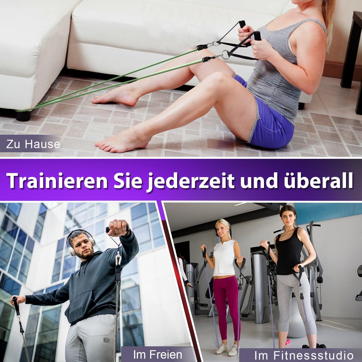 WHATAFIT Resistance Bands, Exercise Bands，Resistance Bands for Working Out, Work Out Bands with Handles for Men and Women Fitness, Strength Training Home Gym Equipment Purple Grey