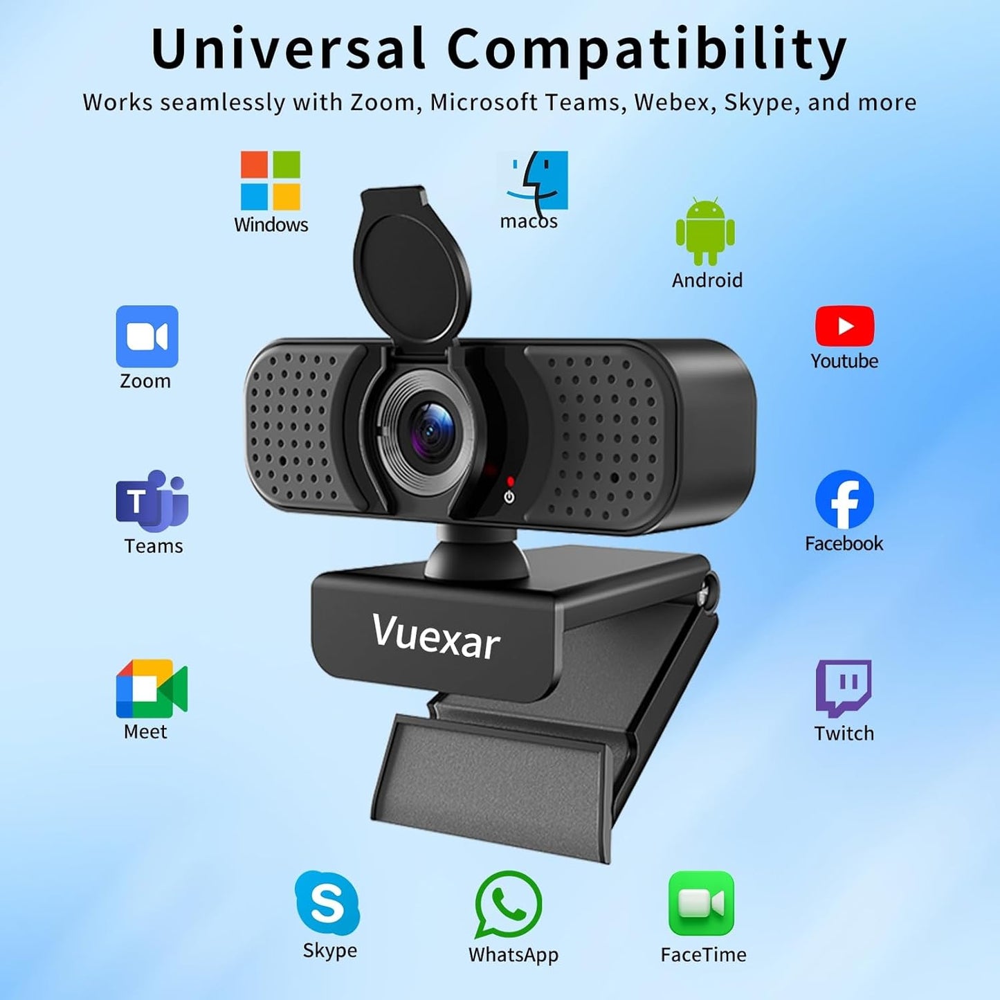 Vuexar 2K Webcam with Microphone, Web Camera withTripod, Dual Mics, Plug & Play Computer Camera for Online Calling