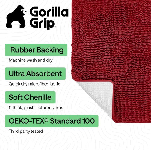 GORILLA GRIP Bath Rug Mat - Thick Soft Absorbent Chenille | Quick Dry Microfiber, 44x26, Red