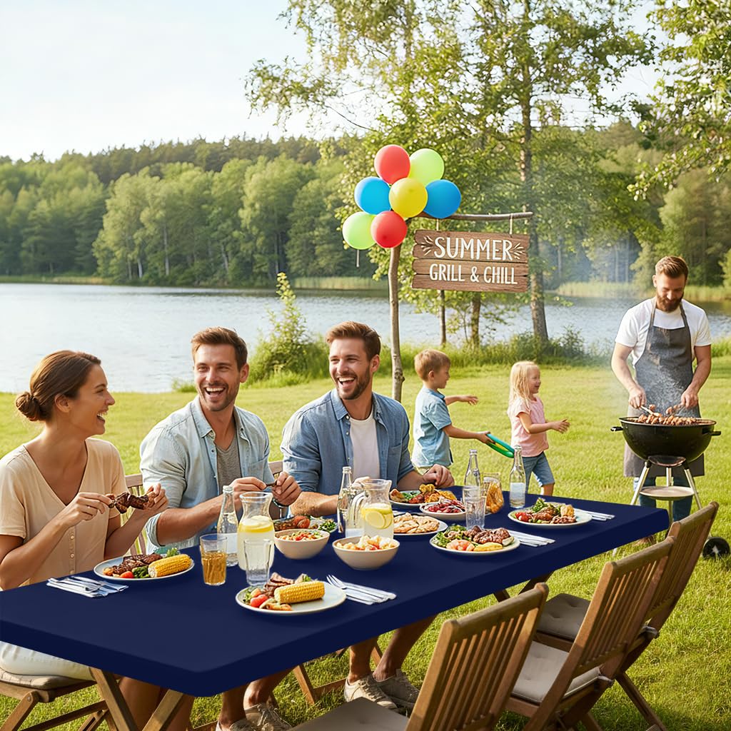 Smiry Rectangle Picnic Table Cloth, Waterproof Elastic Fitted Tablecloths for 6 Foot Tables, Washable Polyester Table Cover for Camping, Indoor and Outdoor (Navy, 30"x72")