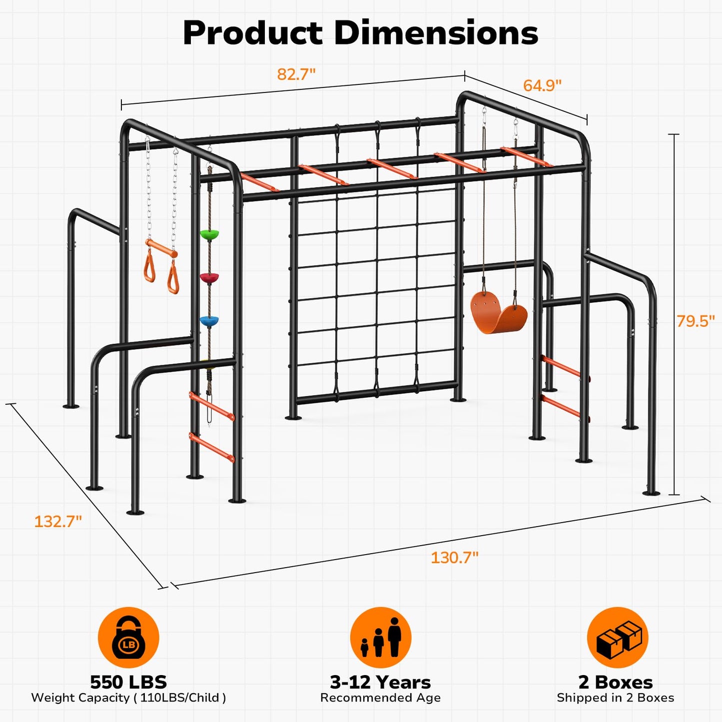 Hapfan Outdoor Jungle Gym with Monkey Bars Frame, 5-in-1 550lbs Heavy-Duty Metal Swing Sets for Backyard with Climbing Net & Rope, Trapeze Swing Bar, Belt Swing, Gymnastics Bars, Kids Playground Set
