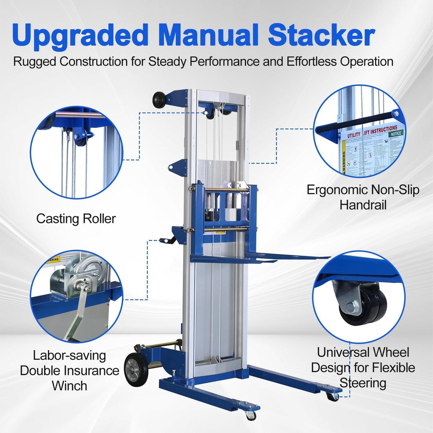 ELOMBR 122" Material Lift Winch Stacker, 400 lbs Capacity Manual Material Lifts, Adjustable Straddle Material Lifter, Hand Winch Lift Trucks for Warehouse, Factory, Lightweight, 42.90" L x 43.30" W