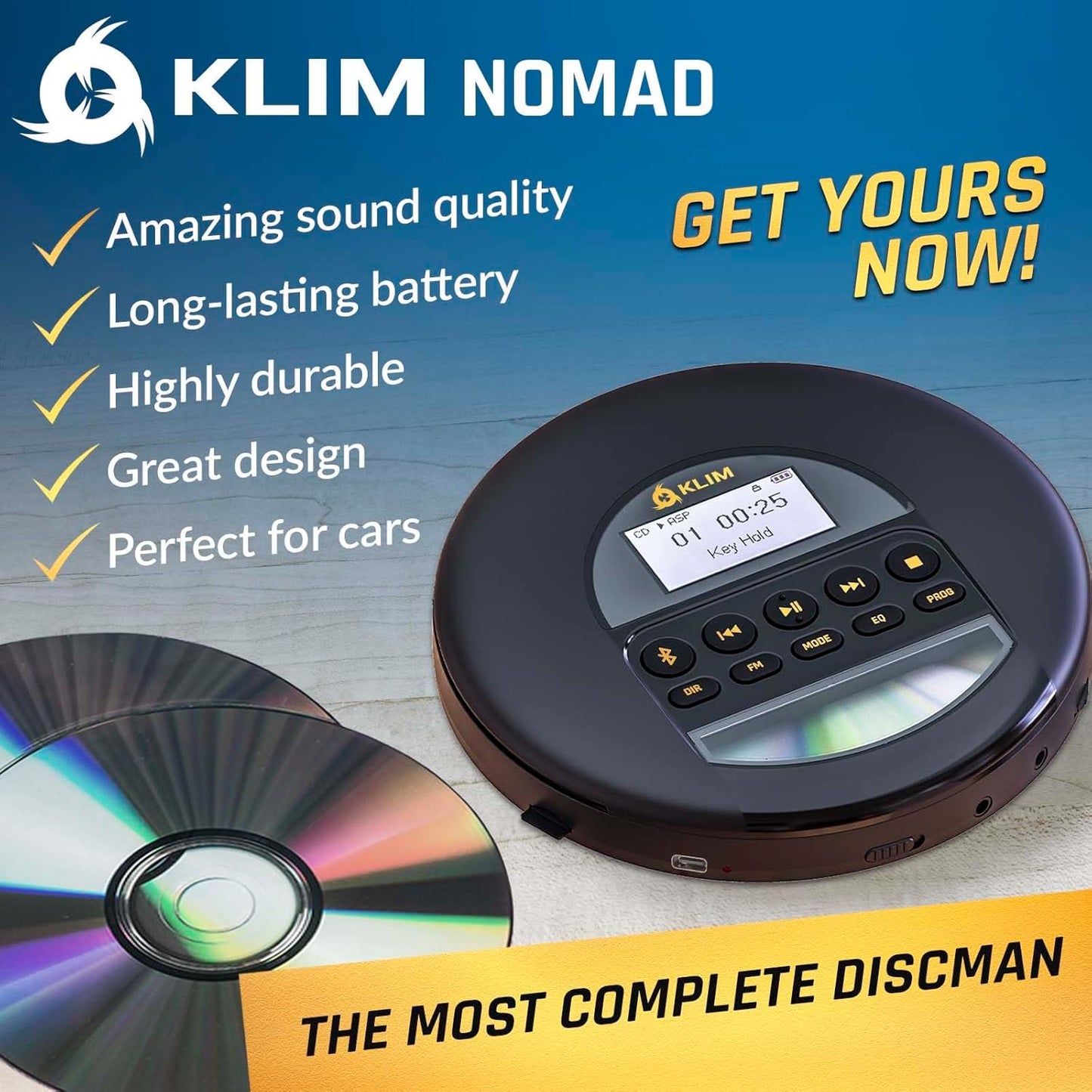 KLIM MP3 Nomad - New - Portable CD Player Walkman with Long-Lasting Battery - with Headphones - Radio FM - Compatible