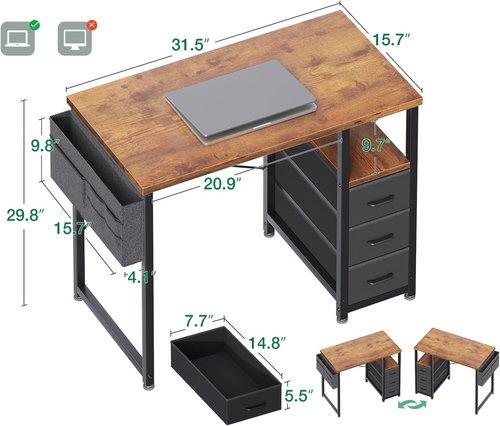 AODK 32" Small Computer Desk - Vintage Writing Desk with Fabric Drawers & Storage Shelf for Kids' Bedroom