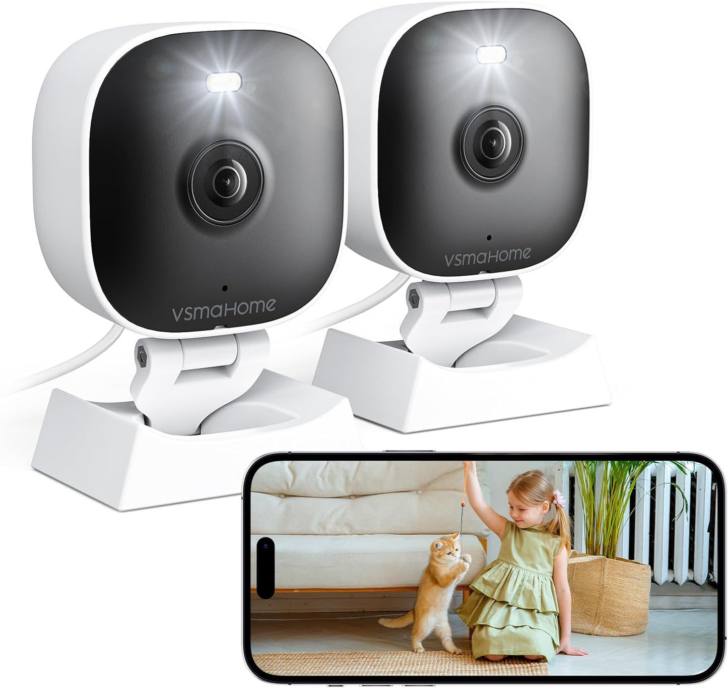 VSMAHOME 2K Vision,2-Way 24/7 128G Included),2-Pack Cameras for Home Security,Indoor/Outdoor for Baby/Elder/Pet