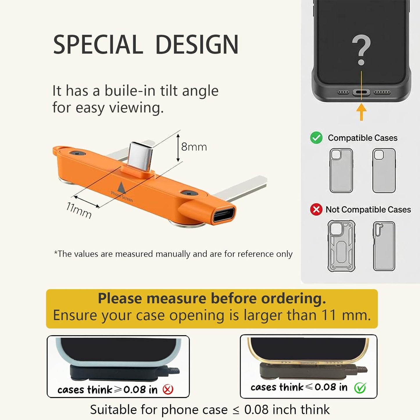 360 0-120 Sideways Phone Stand Detachable Type-C Compatible Stand for Phones & Tablets - Rotation, Tilt(Orange Stand)