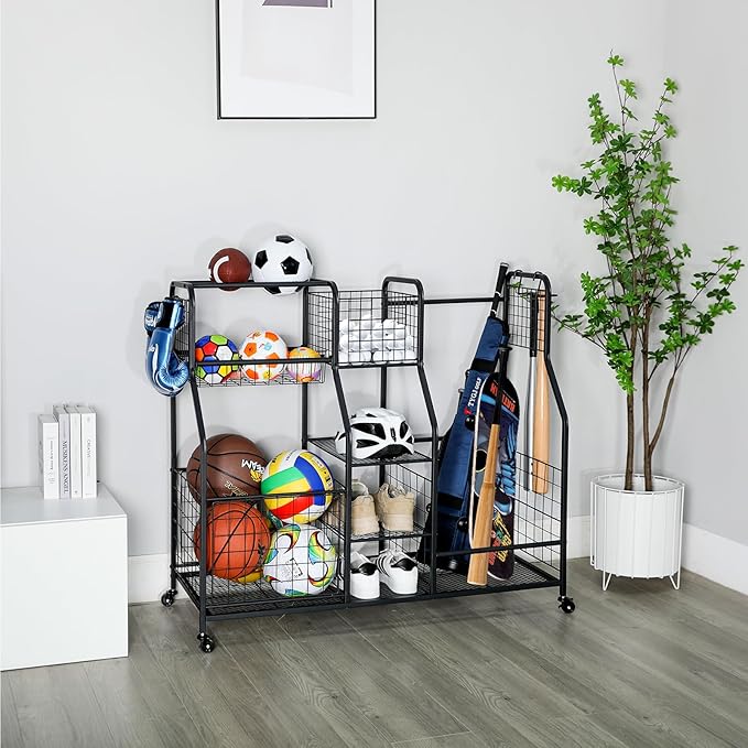 Garage Sports Equipment Organizer & Outdoor Toy Storage, Ball Storage Golf Organizer For Garage with Baskets, 5 Hooks
