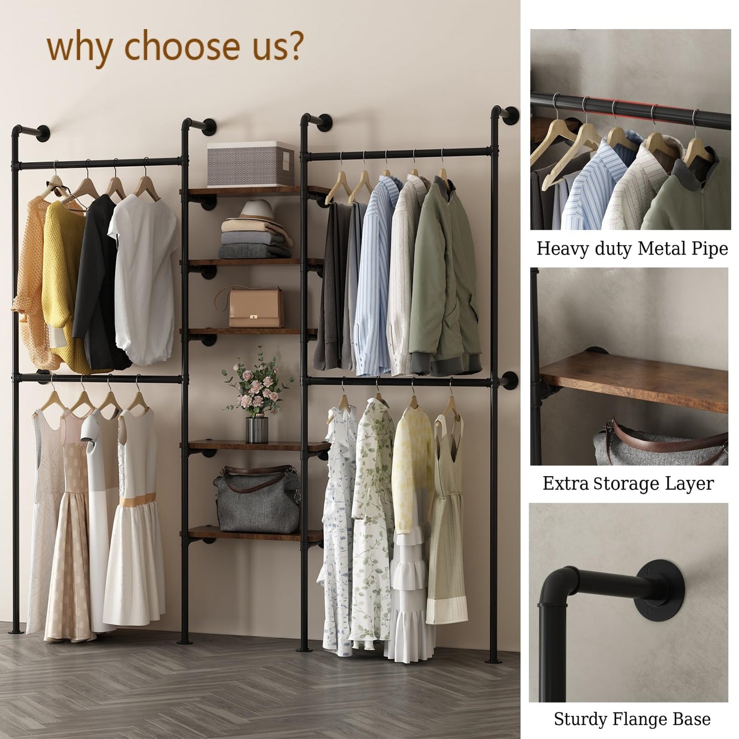 WTPLWD Industrial Pipe Clothing Racks with 5 Shelves, Wall Mounted Clothes Rack for Hanging Clothes, Black Wall Clothing Rack, Heavy Duty Clothes Rack for Walk in Closet, Laundry Room