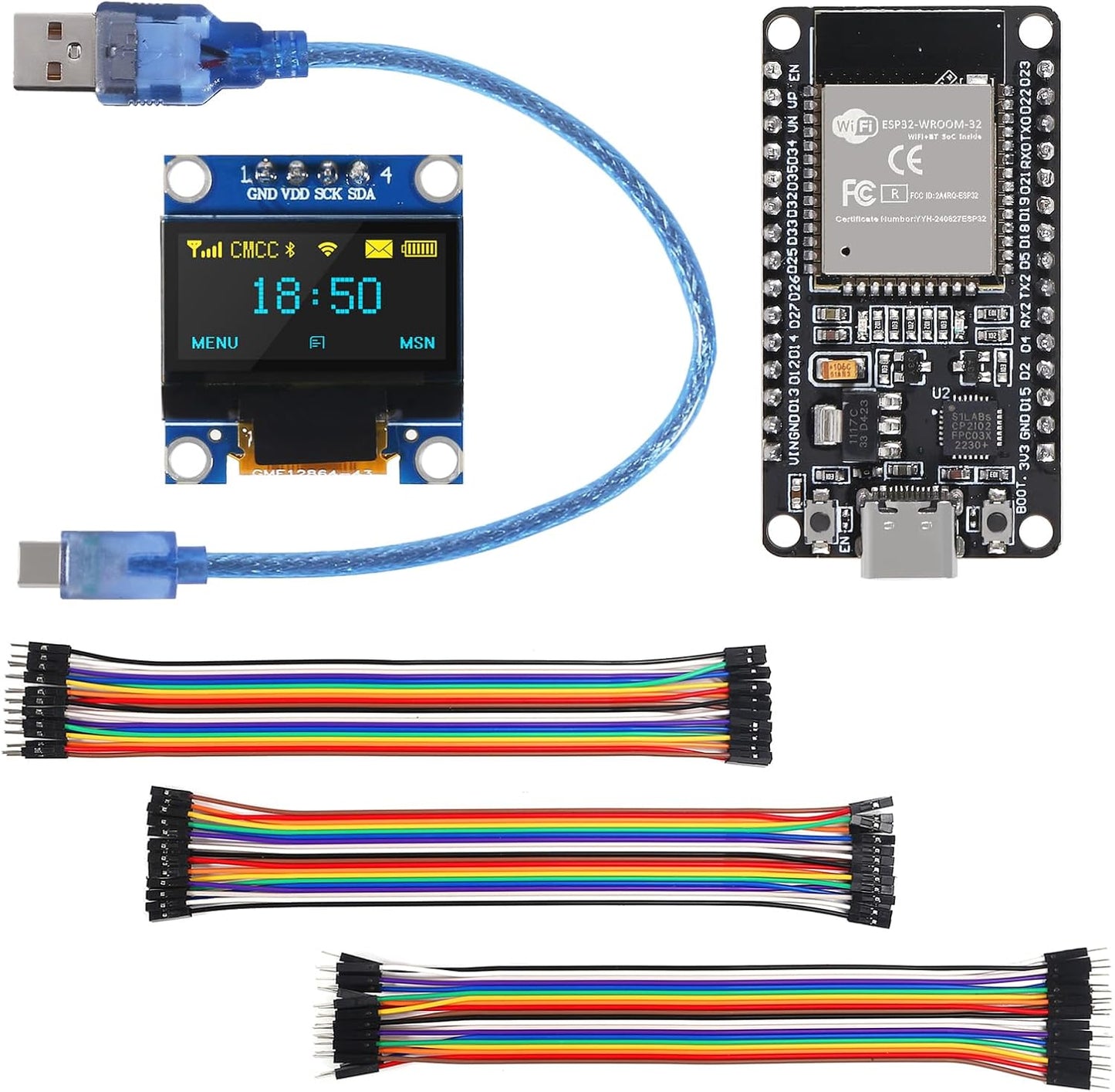AITRIP 2PCS ESP-32 CP2102 Chip+2PCS 0.96 Inch I2C 12864 SSD1306 30pcs 20cm USB-C Development Board OLED IIC Display