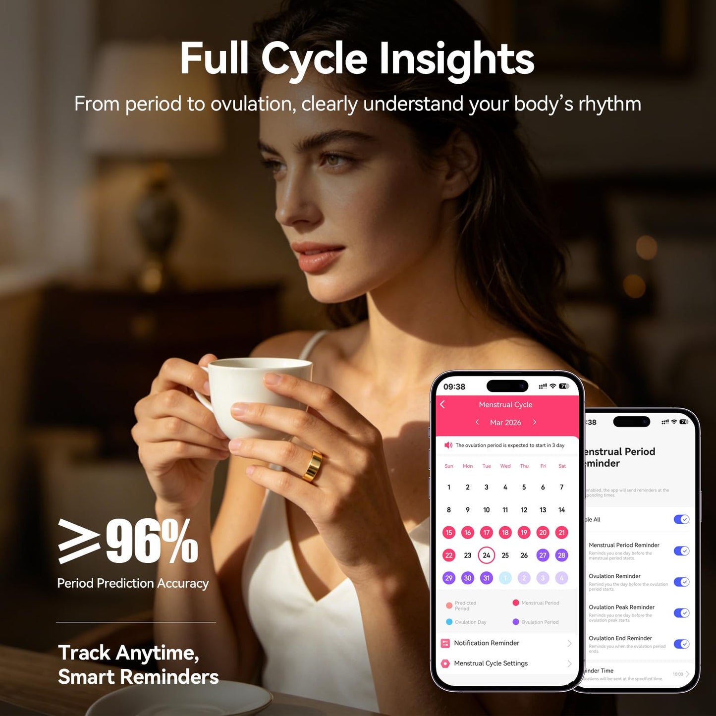 Smart Ring Fitness Tracker for Women and Men, Heart Rate Monitor, Sleep and Stress Monitoring, Menstrual Cycle Tracking, Step Counter, IP68 Waterproof, No Subscription, Compatible with iOS and Android