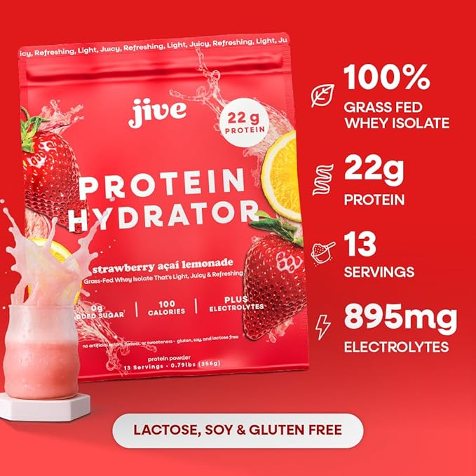 Jive Clear Protein Powder - 22g Grass-Fed Whey Isolate, 13 Servings - Strawberry Acai Lemonade - 895mg of Electrolytes - Zero Added Sugar - Clear Drink Protein Water & Juice