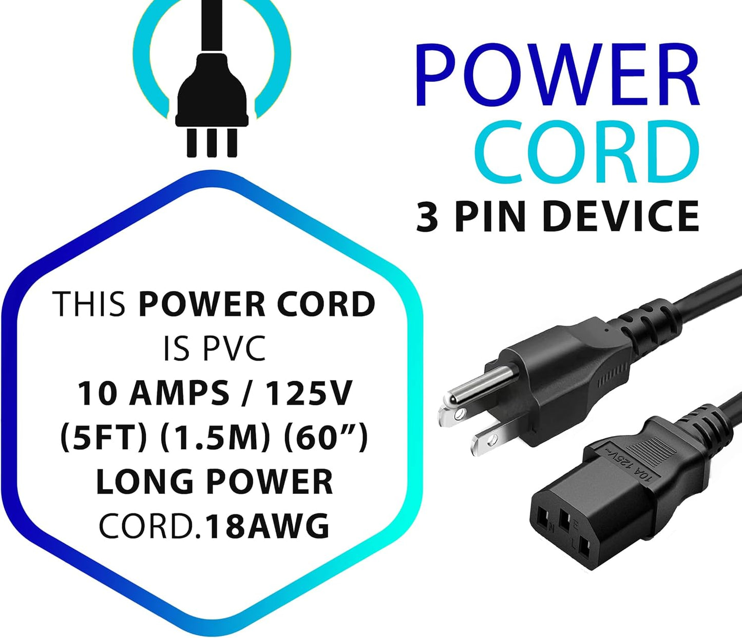 LORDTRONICS 5ft (1.5m) 10 125 3 Standard Amps Volts Black Prong AC Power Cord Cable for Electronics, TV, Computer