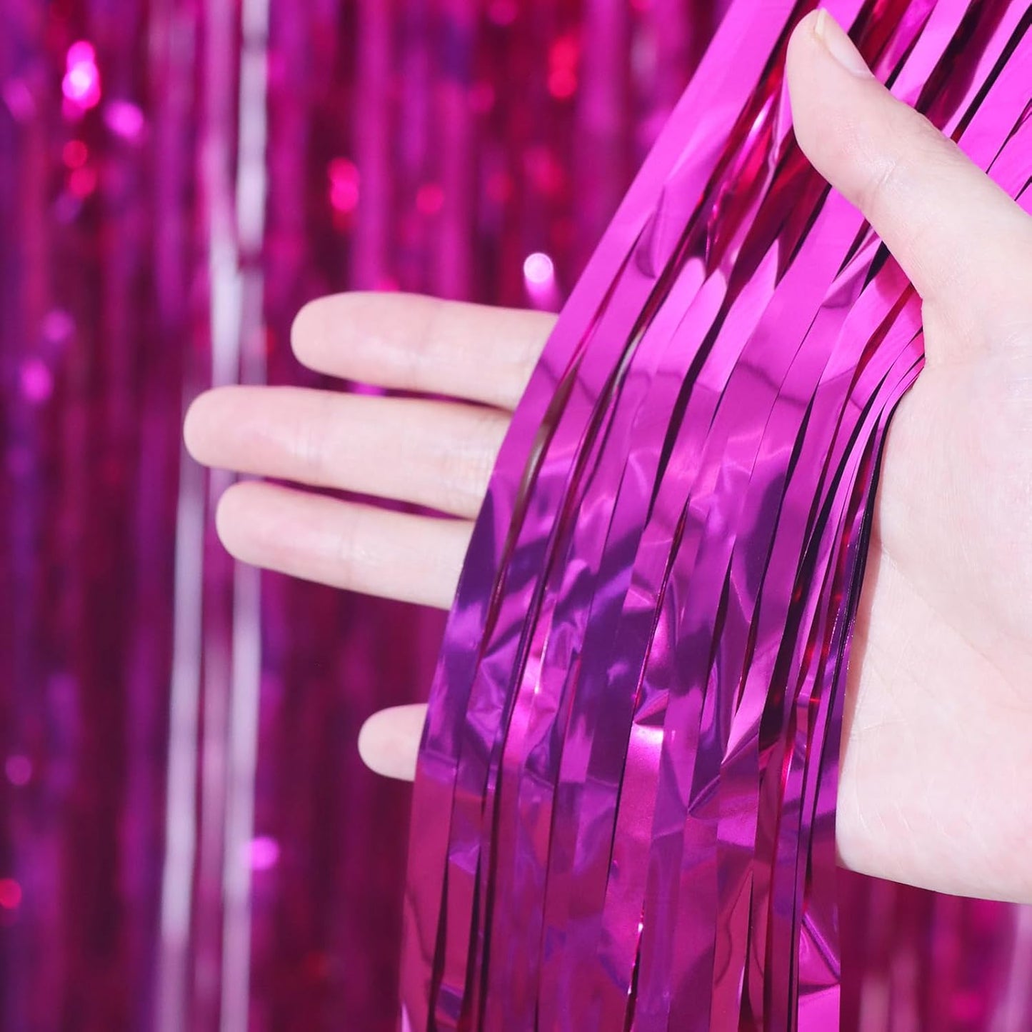 Voircoloria Pink Foil Fringe Backdrop Curtains - 3 Pack Tinsel Streamers for Parties & Events | 3.3x8.2 Feet