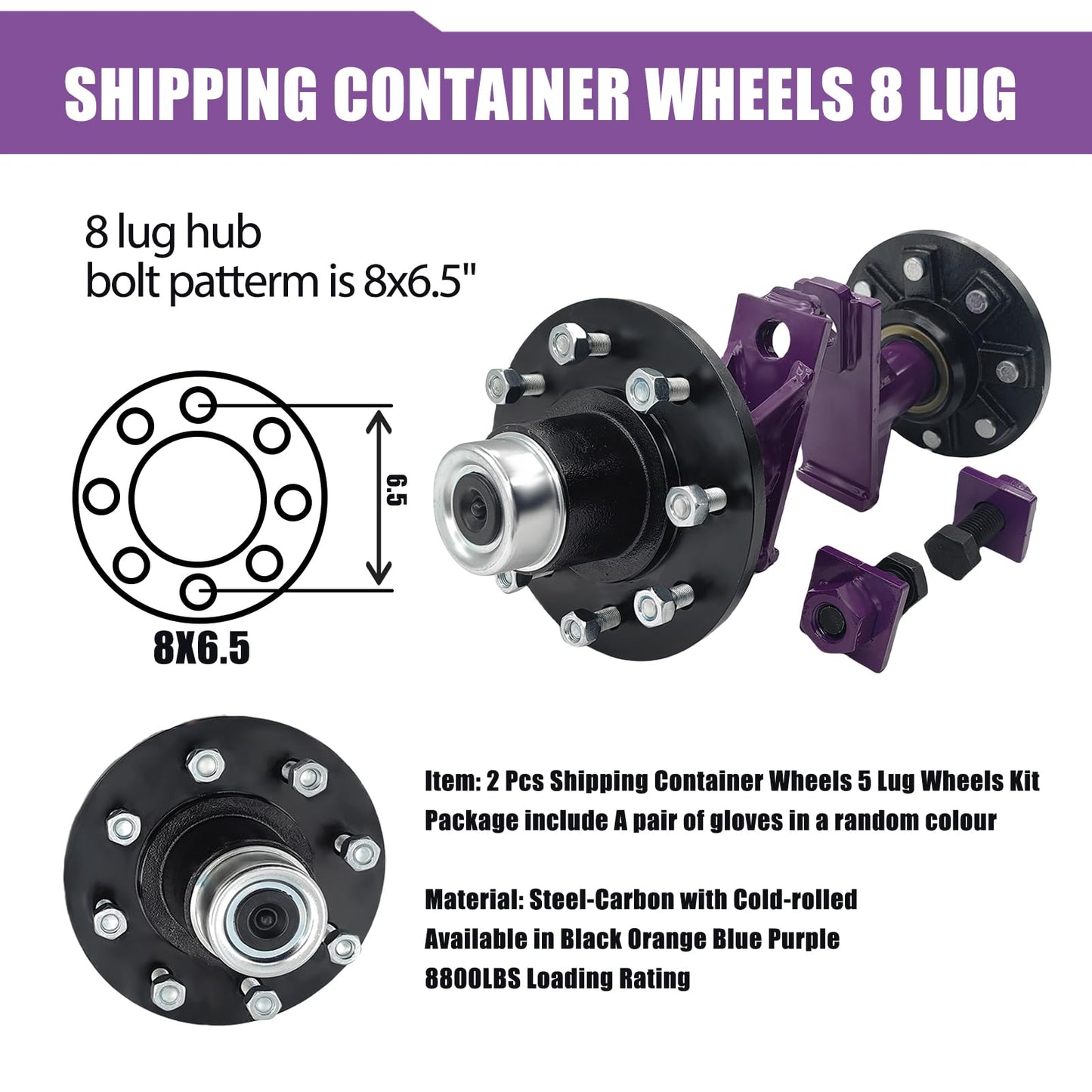 2 Pack Shipping Container Wheels 8-Lug Wheels Kit, Heavy-Duty Shipping Container Axles, Moves up to 40ft Shipping Container, Extra Thick Plate 8 Lugx6.5" Bolt-on Spindle Kit Quick Disassembly (Purple)