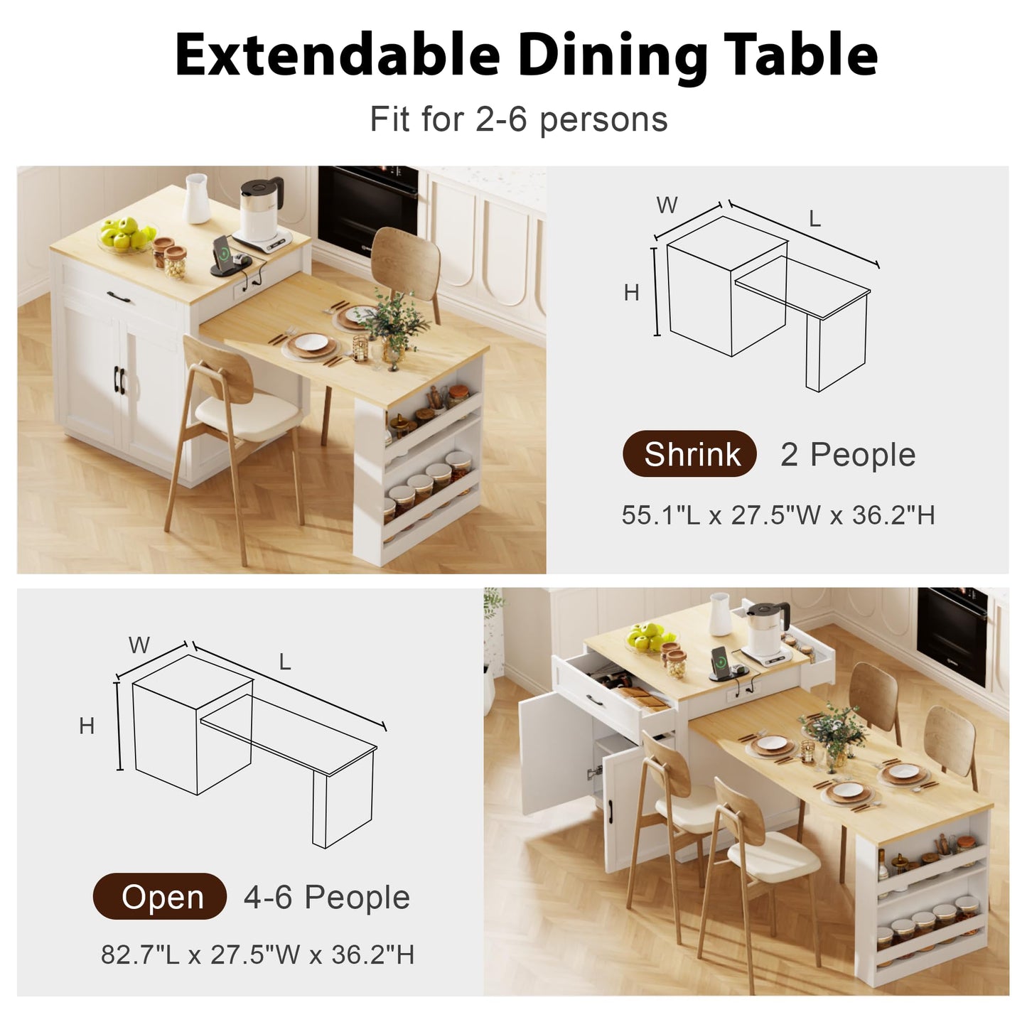 MEETFAV 82.7" Kitchen Island with Extendable Dining Table, Modern Stationary Island Table with Double-Sided Storage, Power Outlet, 2 Drawers and Side Shelves for 4-6