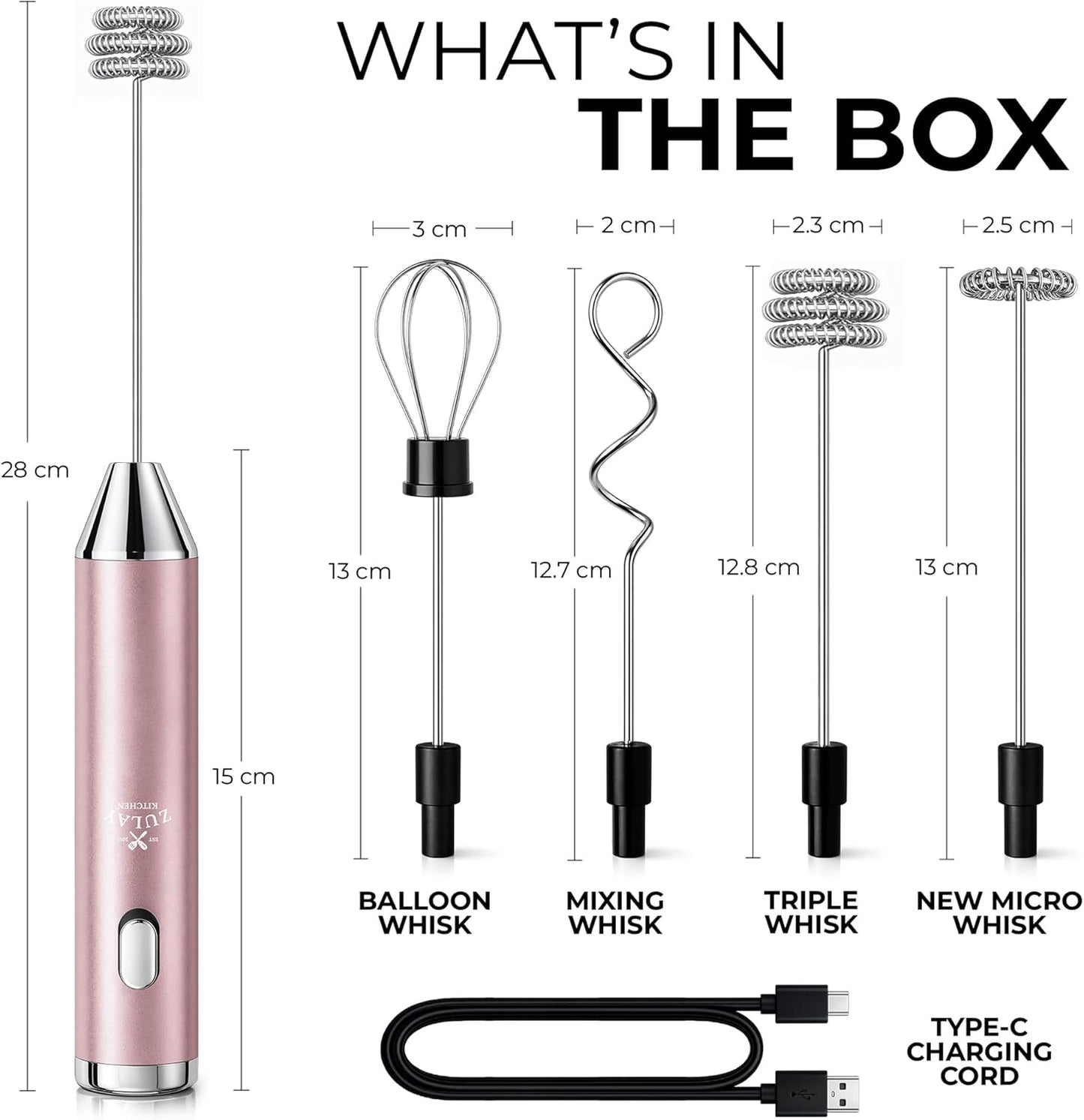 Zulay Kitchen Rechargeable Milk Frother - Handheld Electric Drink Mixer with 3 Whisk Attachments | USB-C Charging, Lasts 6 Months