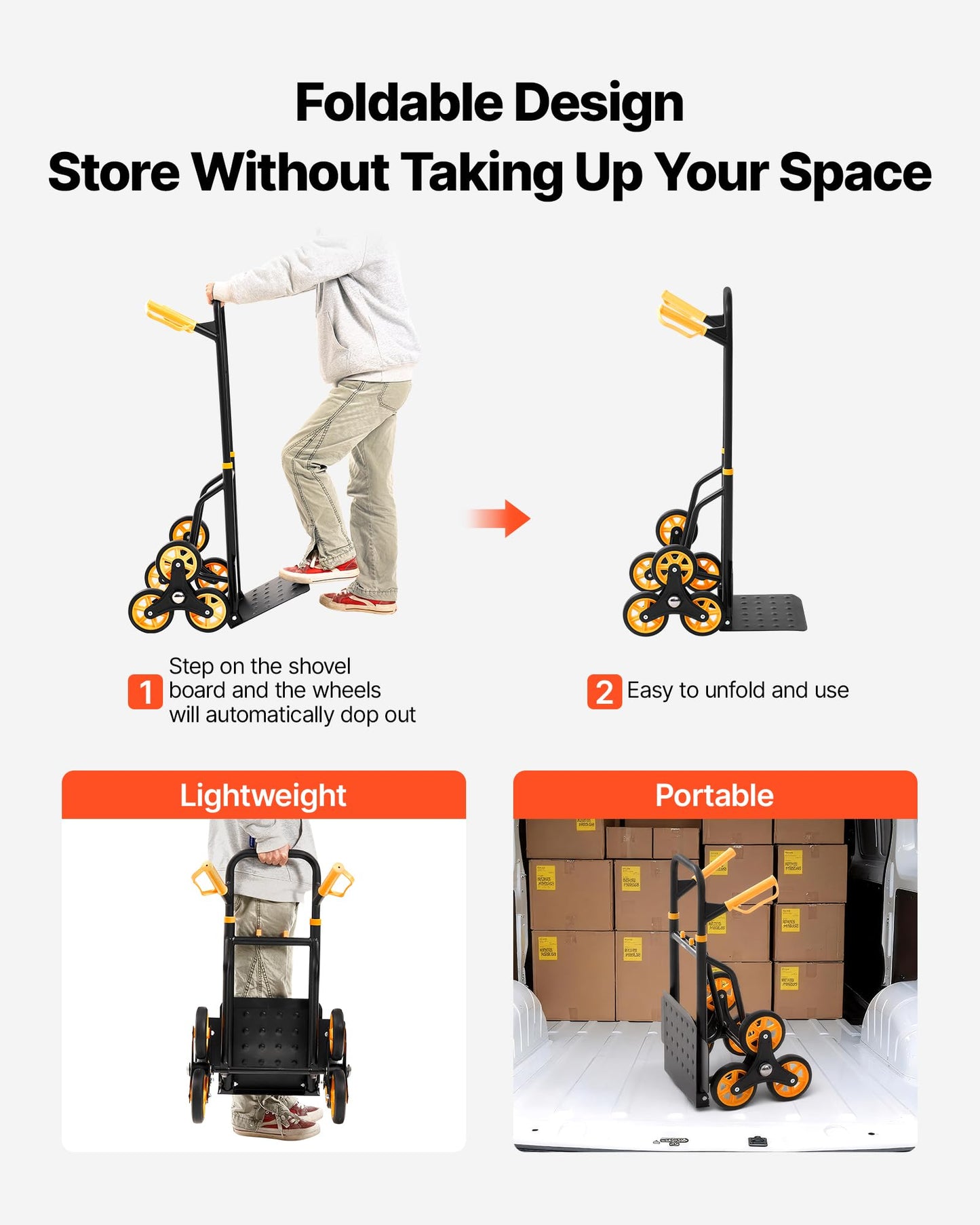 VEVOR Stair Climbing Cart 440 lbs, 330 lbs Stair-Climbing Capacity, Heavy-Duty Folding Trolley Cart with Telescoping Handle, 6 Wheels and 2 Bungee Cords for Home, Groceries, Warehouse