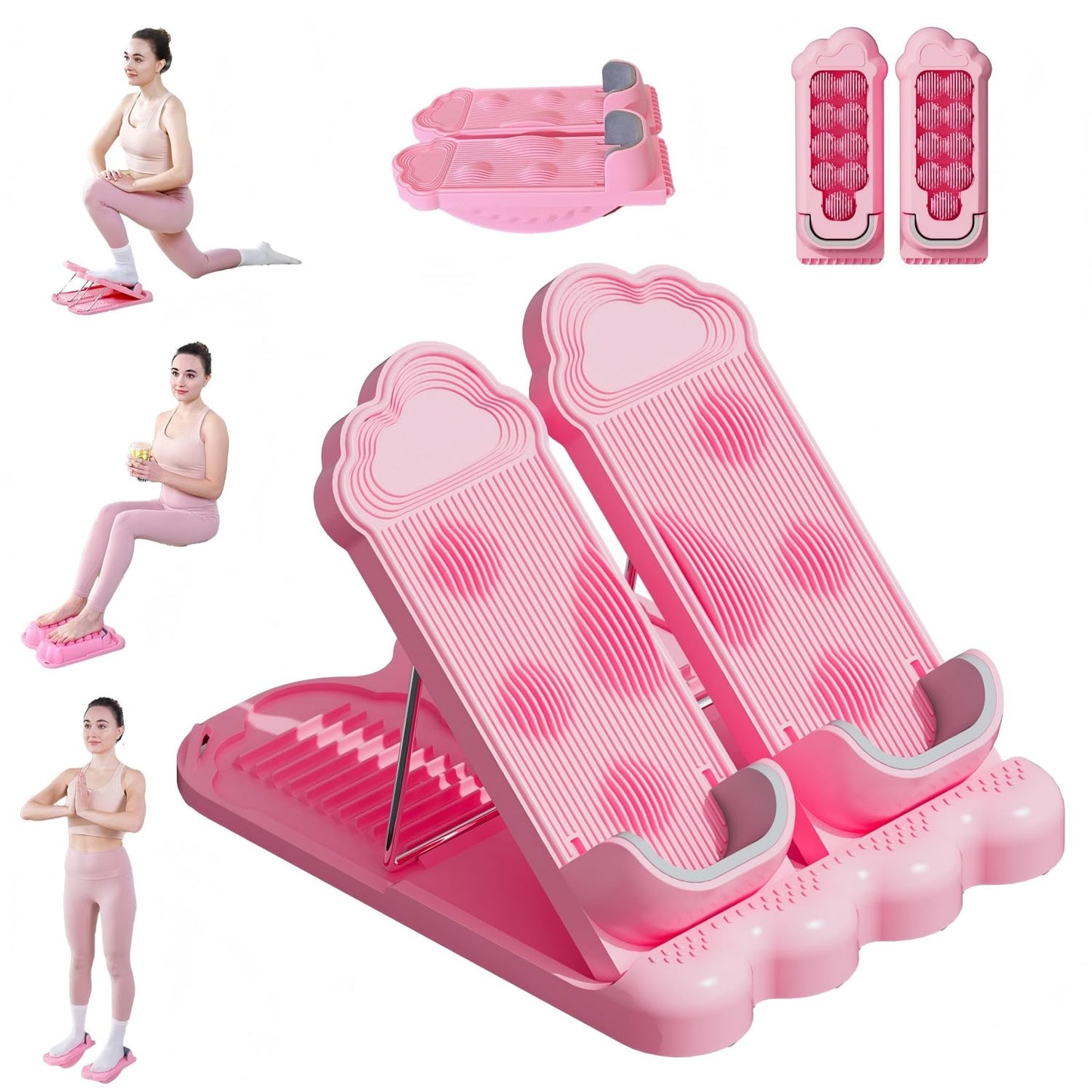 kisnbld 3-in-1 Slant Board & Calf Stretcher, 12-Level Adjustable Incline Board with Integrated Foot Massager & Resistance Bands, Calf Stretch Board for Pain Relief & Balance Exercise Trainer, Pink