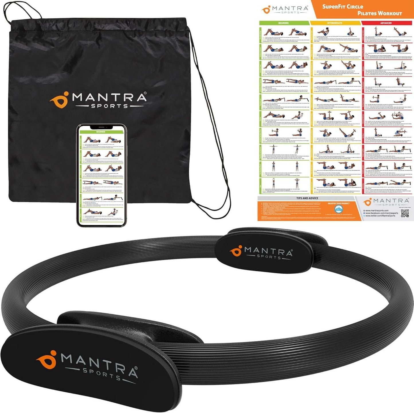 MANTRA SPORTS Pilates Ring - 13 Inch Magic Circle Pilates Ring - Toning Inner Thigh Exerciser, At-Home Yoga Equipment for Home Workouts - Thigh Master for Women, Arms & Core Toning - Carbon Black