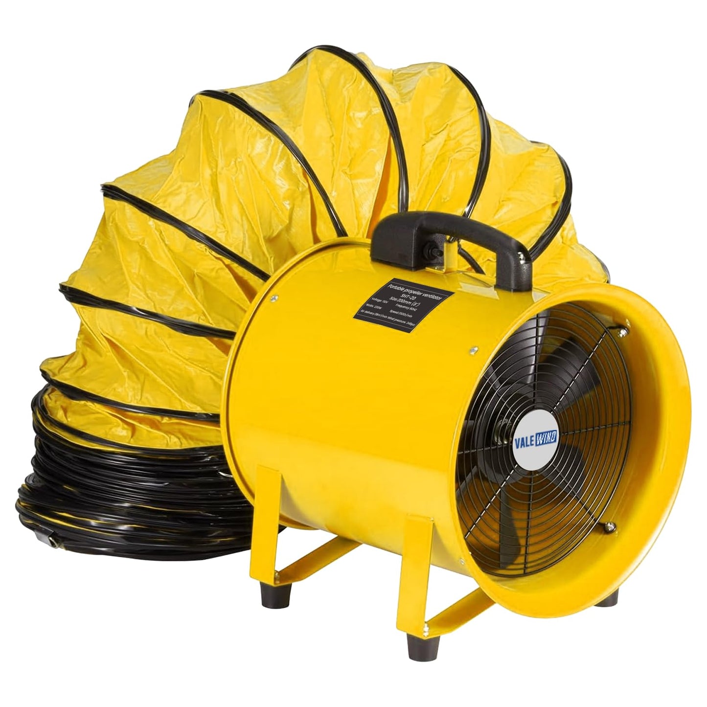 Valewind Heavy Duty Air Mover Portable Ventilation Fan 8Inch, 230W Exhaust Fan with 16.4ft Flexible Duct, 3500RPM Overheat Protection Cylinder Axial Fan, Industrial Portable Air Blower/Exhaust, Yellow