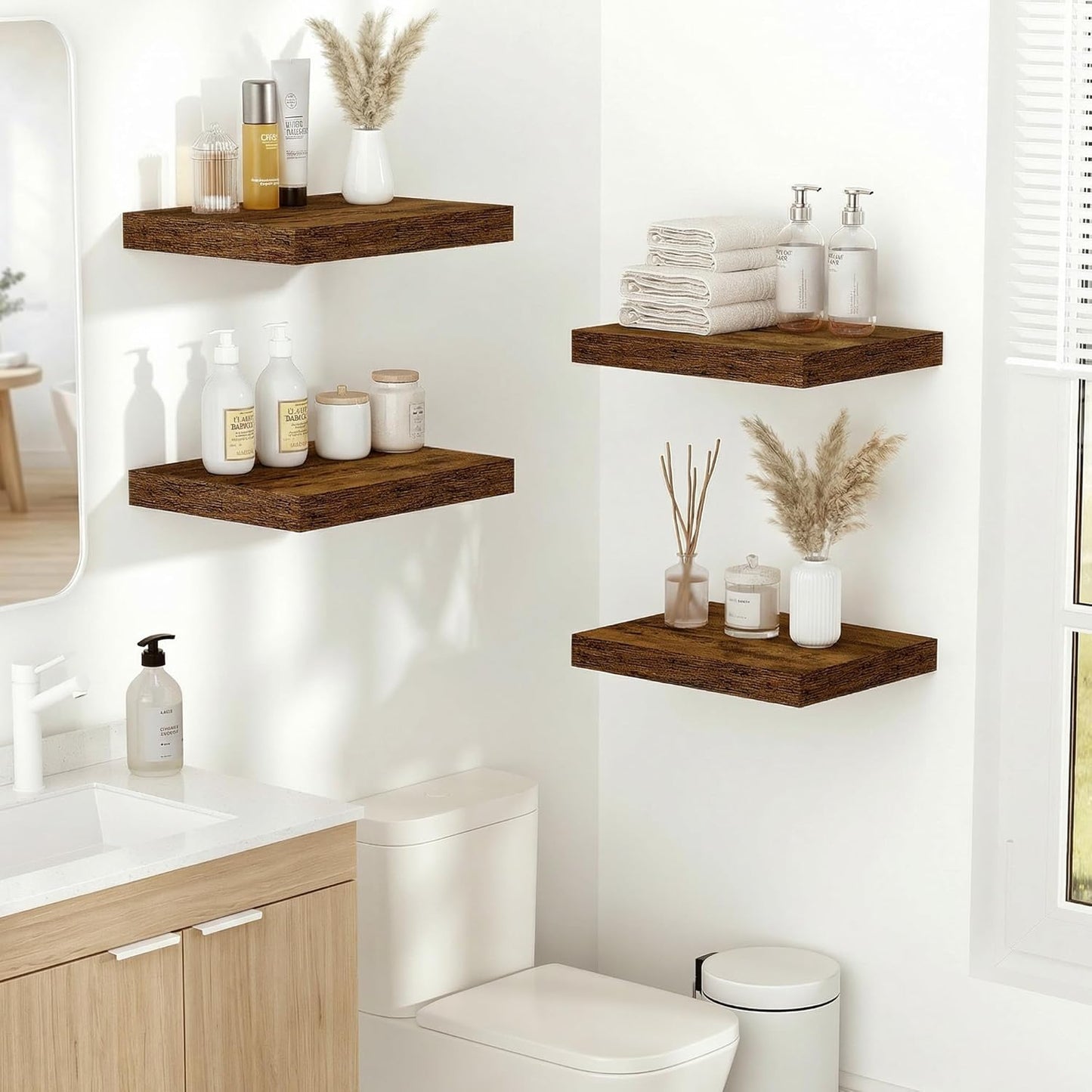 Vivelove 10 Inch Deep Floating Shelves - Set of 2 Rustic Brown Wall Shelves with Invisible Brackets for Home Decor