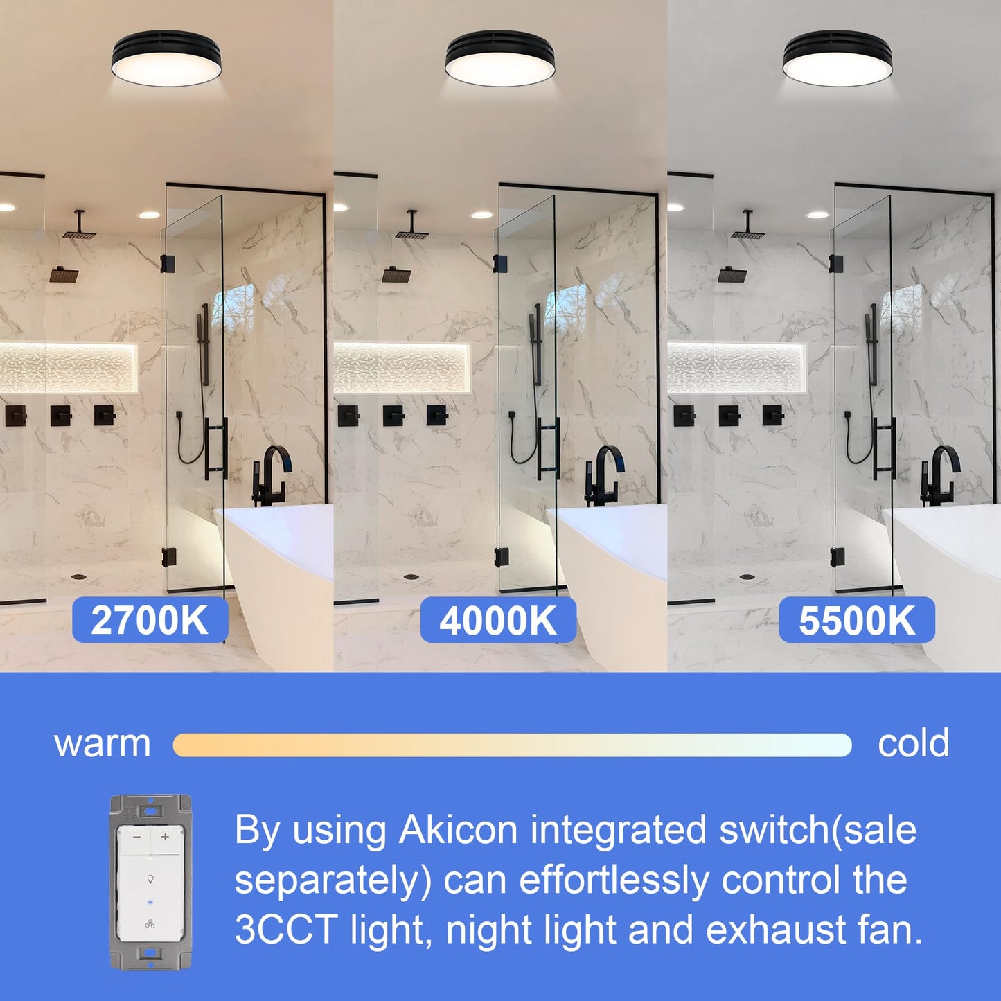 Akicon Bathroom Exhaust Fan with Light, 110CFM, 2.0 Sones for Ceiling, 1000lm Dimmable LED Light and 150lm Nightlight Dual Color Bathroom Vent Fan for Home, Round, Black
