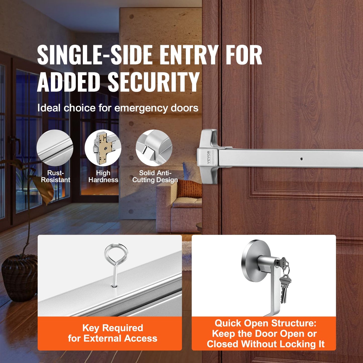 VEVOR Door Push Bar Panic Exit Device, 28” Stainless Steel Commercial Emergency Exit Door Push Bar with Exterior Lever and 3 Keys, Emergency Exit Door Hardware for 28"-41" Metal Wood Door