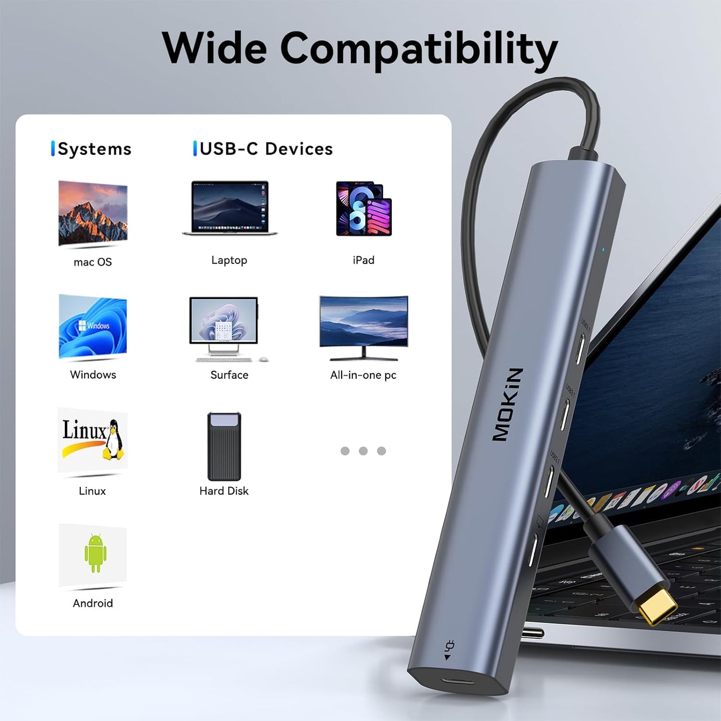 MOKiN 10Gbps, 4K@60Hz Output,100W Transfer,USB4 USB C Hub USB C Splitter with Video PD Charging,Data Multiport Dongle