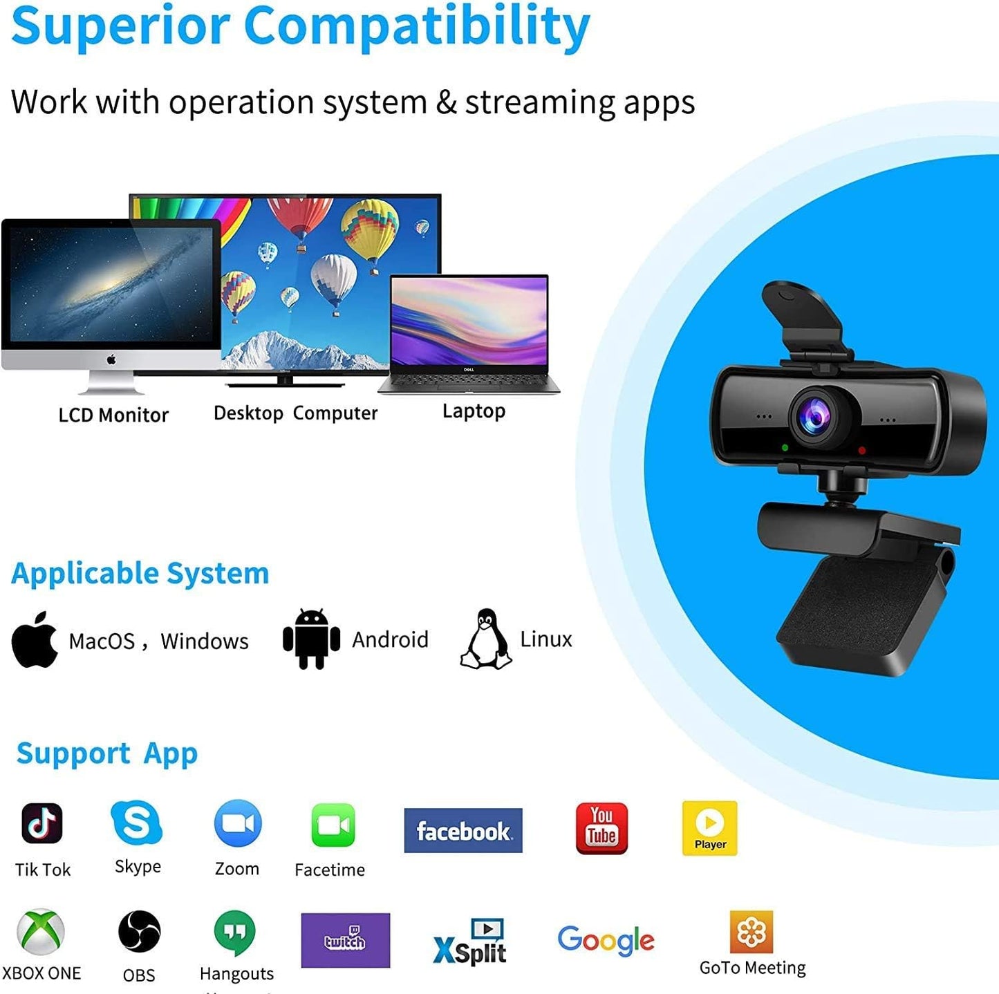 Ejfete 1080P 120 HD Webcam with Microphone and Privacy Cover, USB Plug & Play Computer Camera, Wide Angle Fixed Focus