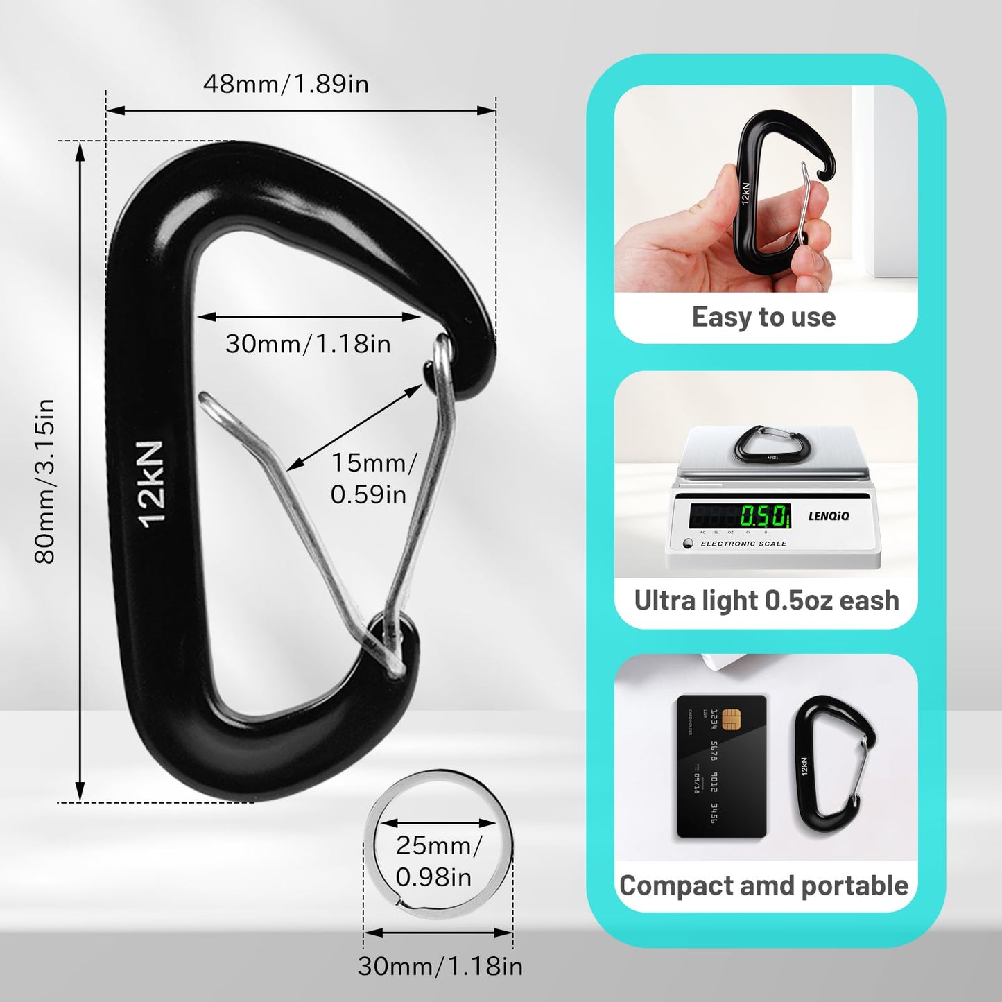 4-Pack Carabiner Clips Heavy Duty-12KN, 7075 Aircraft Aluminum Carabiners with Wiregate - Lightweight, D-Ring Key Hook, Fit for Hammock, Hiking, Camping, Dog Leash, Keychains（Black）