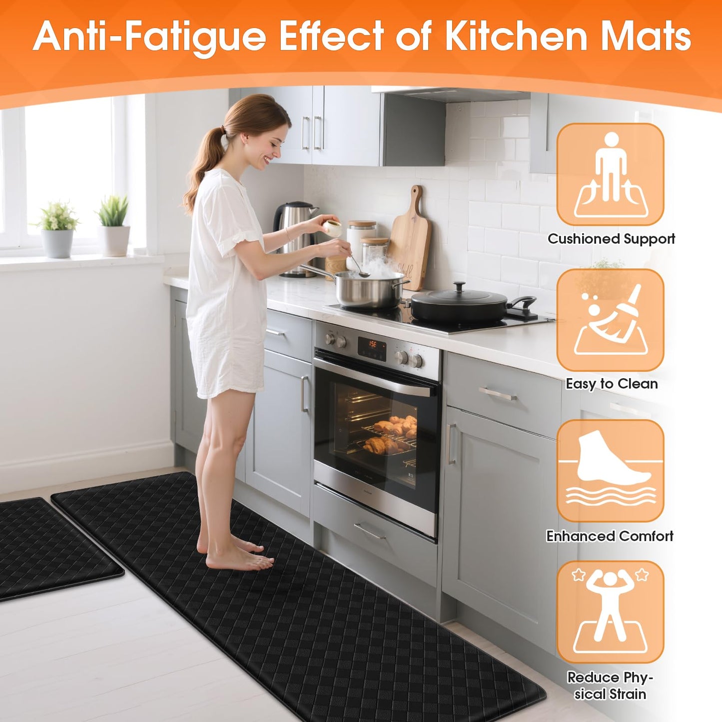 TranquilRelax Kitchen Mats, 2PCS Kitchen Rugs, Cushioned Anti Fatigue Kitchen Mats for Floor, Non-Slip Standing Desk Mat, Waterproof Kitchen Rug Set for Kitchen Floor Office,17.3"×30"+17.3"×59" Black