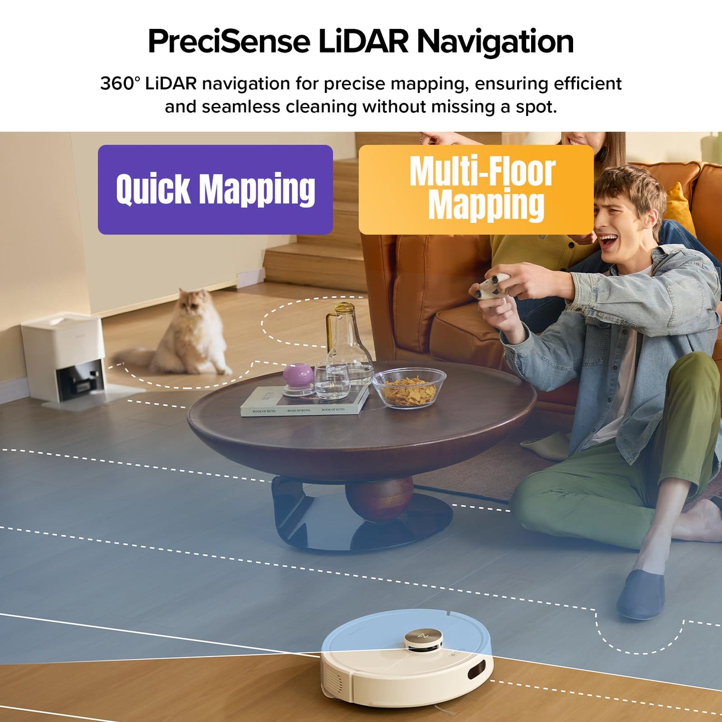 roborock Q7 M5+ Robot Vacuum and Mop, Upgraded from Q5 Max+, Up to 7-9 Weeks Self-Empty, 10000Pa Suction, Dual Anti-Tangle System for Pet Hair & Carpet, PreciSense LiDAR Navigation, App Control, White