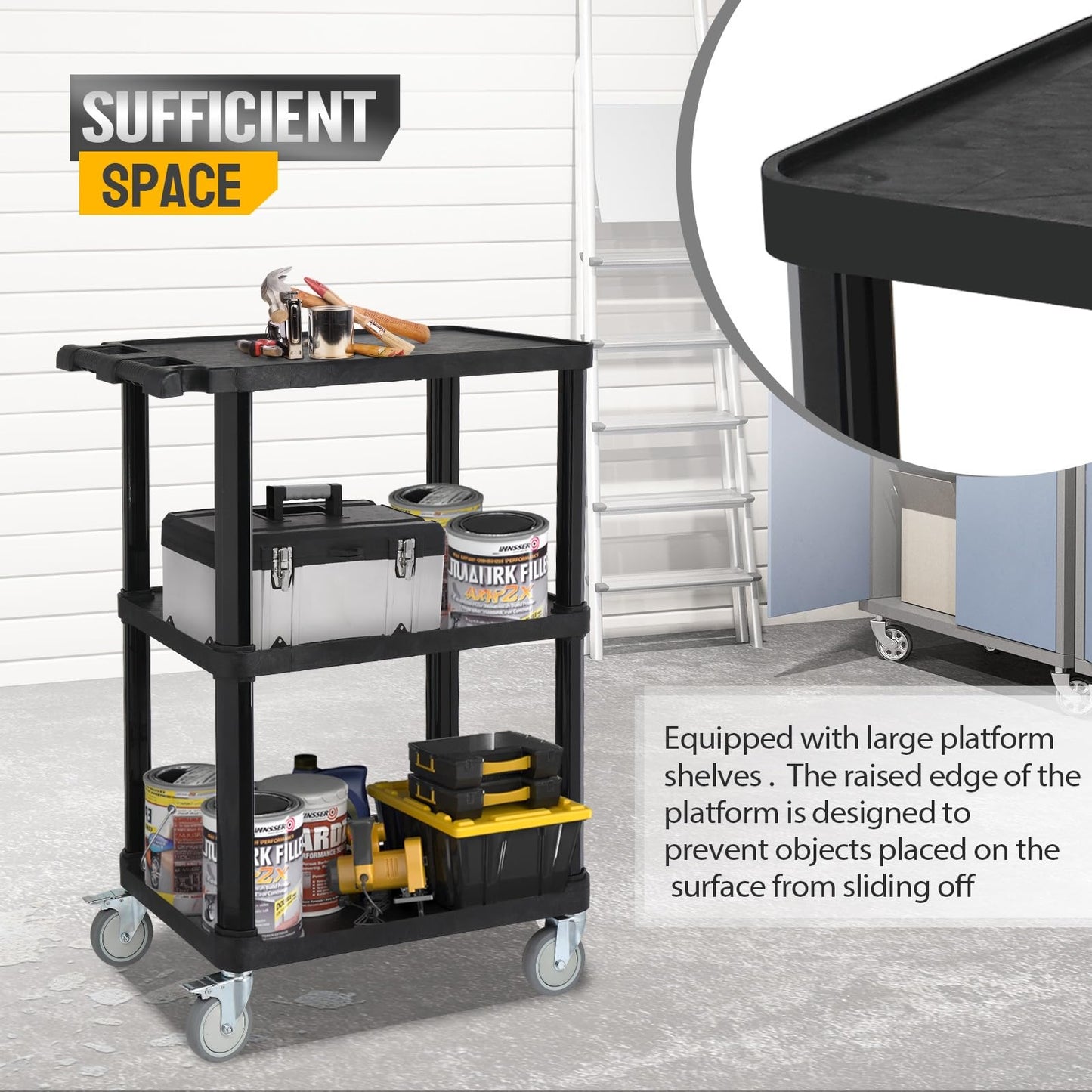 Leadzm 3-Tier Plastic Flat Utility Cart, Commercial Rolling Service Cart on Wheels with Braker, Multi-Function Handle and Large Capacity Storage, Perfect for Warehouse Garage Office, Black