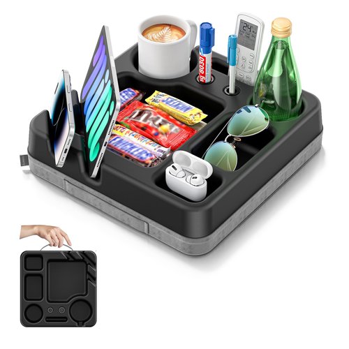 Couch Cup Holder Tray Couch Cup Holder Pillow Bed Tray Snack Sofa Bed Caddy Organizer Beach Sofa Drink Holder Anti-Spill Portable Snack Caddy Couch Remote Holder for Phone Pad Kindle Beverage Black