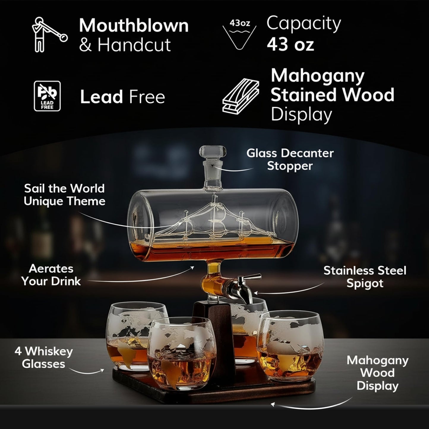 TRUCART - Boat Whiskey Decanter Set with 4 Glasses – 1100ml Elegant Ship-in-Bottle Design on Wooden Base – Premium Glass & Wood, 310ml Glasses – Luxury Gift for Whiskey Lovers, Office or bar