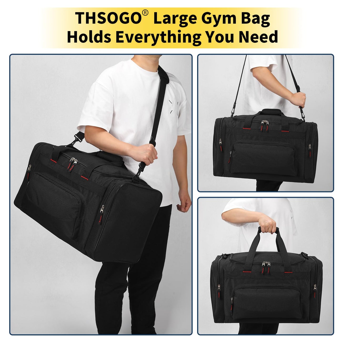 THSOGO 22 inch Gym Bag for Men - 55L Large Travel Duffle Bag Sports Equipment Bag with Multiple Zippered Pockets,Outdoor Workout Duffle Bag for Overnight Weekend - Black