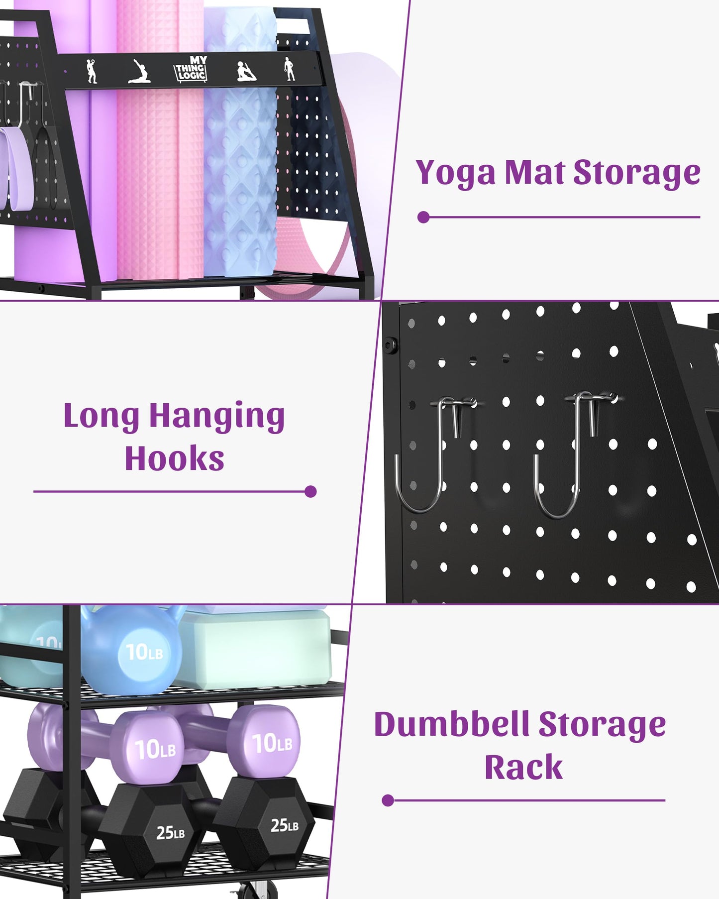 Mythinglogic Yoga Mat Storage Racks,Home Gym Storage Rack for Dumbbells Kettlebells Foam Roller, Yoga Strap and Resistance Bands, Workout Equipment Storage Organizer With Hooks and Wheels (New Black)