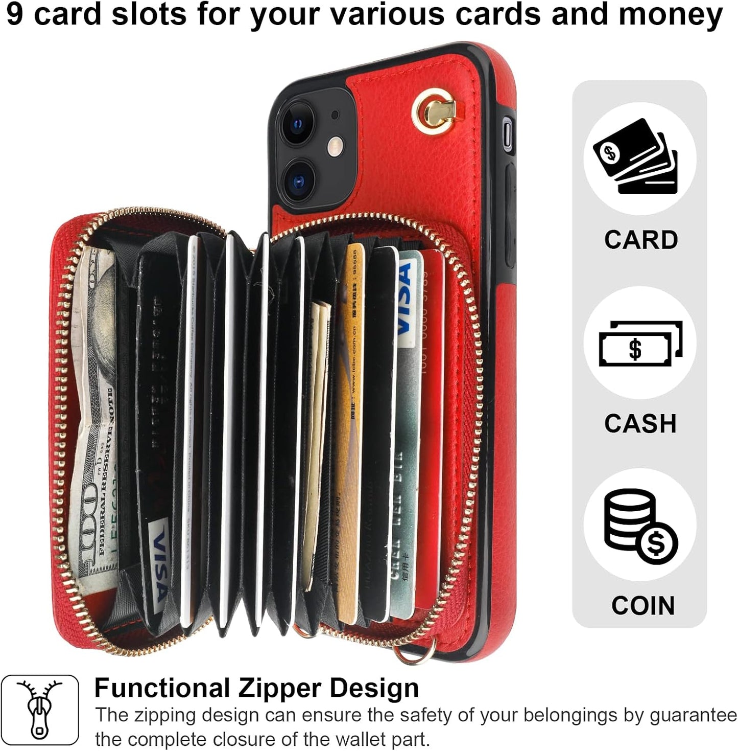 Bocasal 11, 6.1 Inch Crossbody Wallet Case for iPhone RFID Blocking Leather Purse Case with Card Holder, Protective