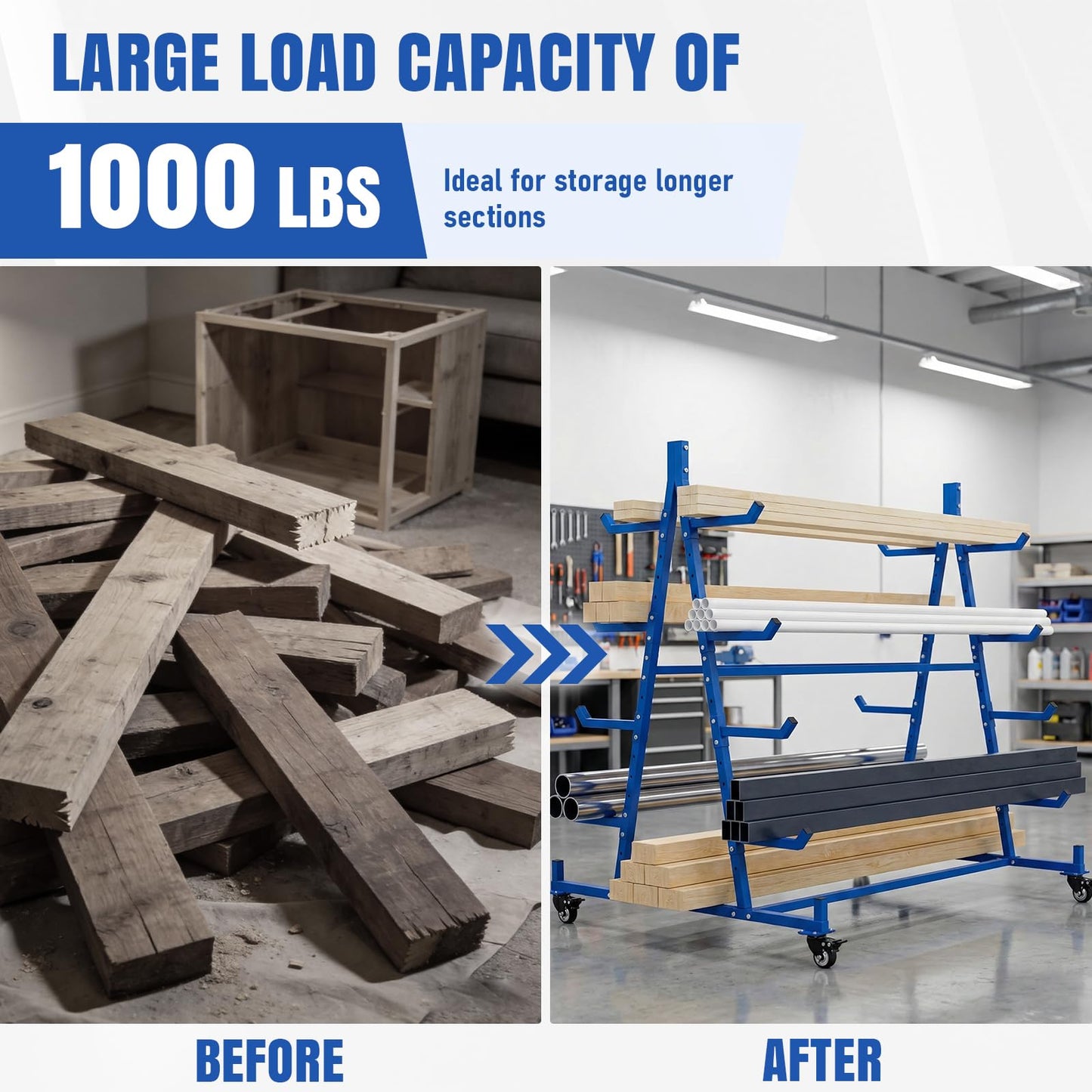 tonchean Lumber Storage Rack with Wheels 5 Tier Cantilever Racking for Storage Heavy Duty Conduit Rack Horizontal Storage Rack Pipe Rack Holds up to 1000lbs, 55.9" D x 46.2" W x 54.3" H